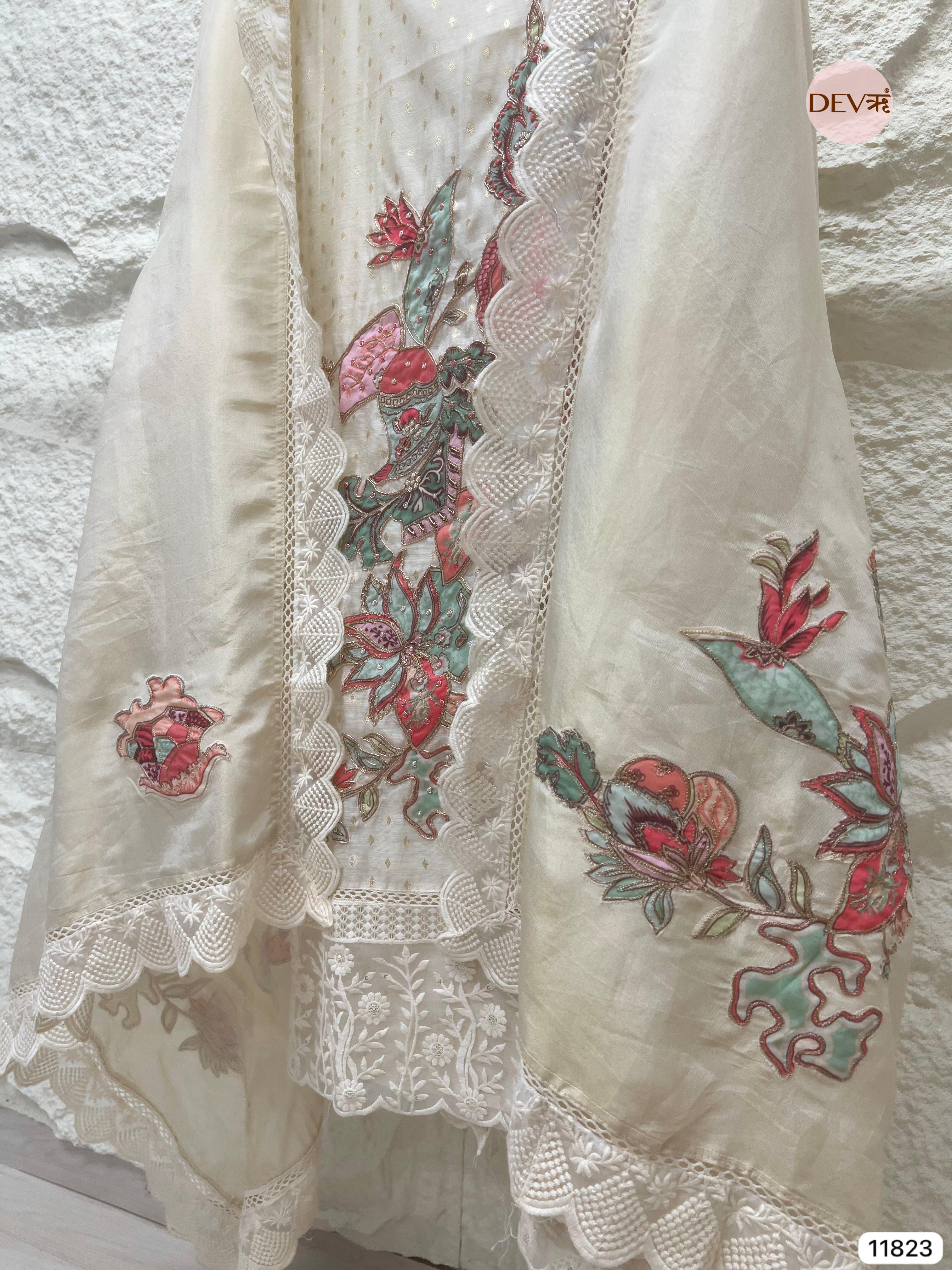 Off White Pure Shimmer Tissue Silk Unstitched Hand Embroidered -Set Of 3 - {11823}