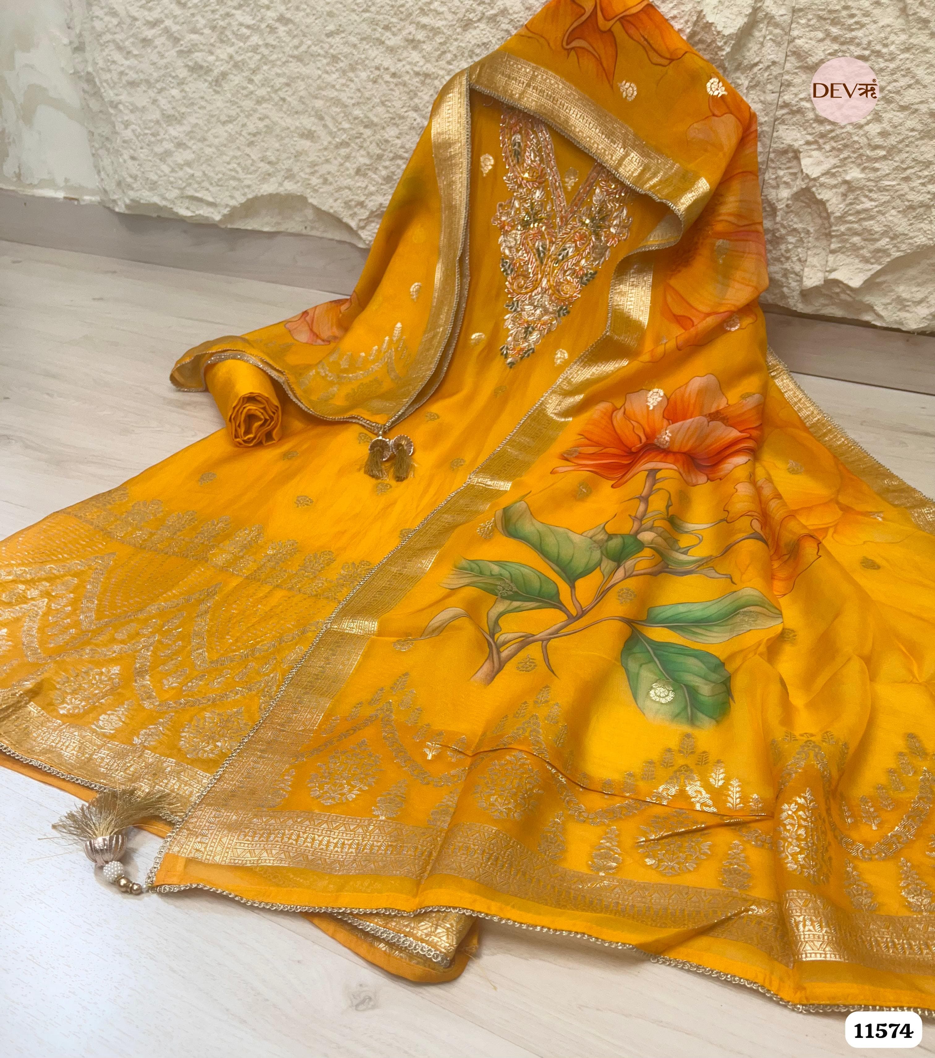 Yellow Pure Organza Silk Unstitched Banarasi Woven Hand Embroidered -Set Of 3 {11574}