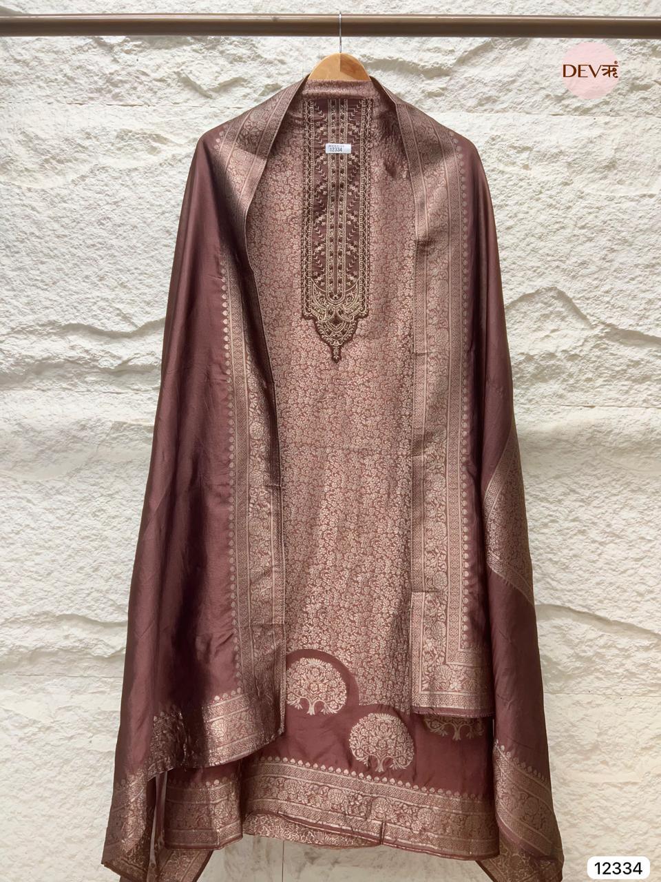 Rich Brown Pure Banarasi Silk Woven Unstitched 3-Piece Suit (Devri – D.No 12334)