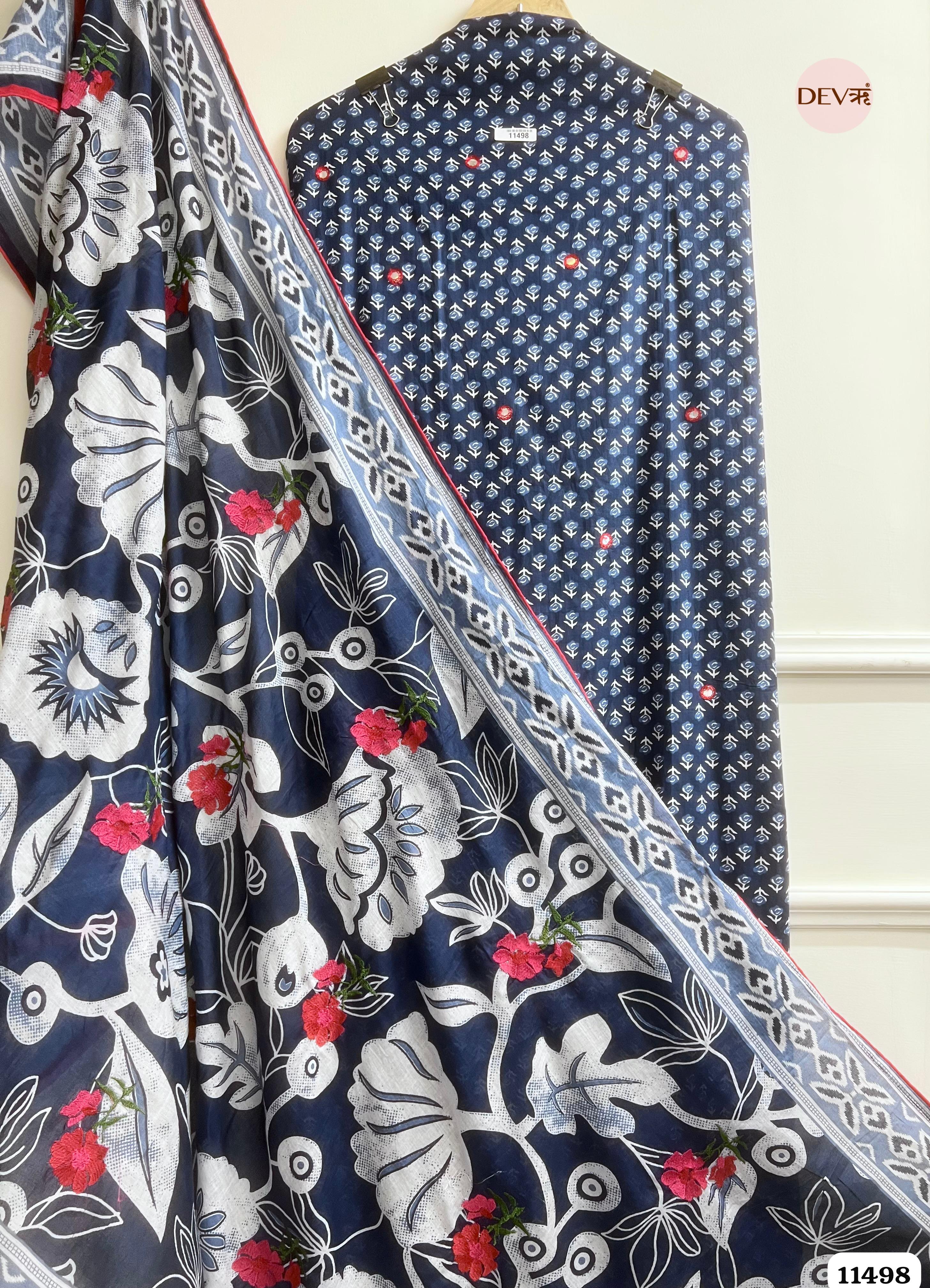 Blue Mul Cotton Unstitched Printed Hand Embroidered -Set Of 3 {11498}