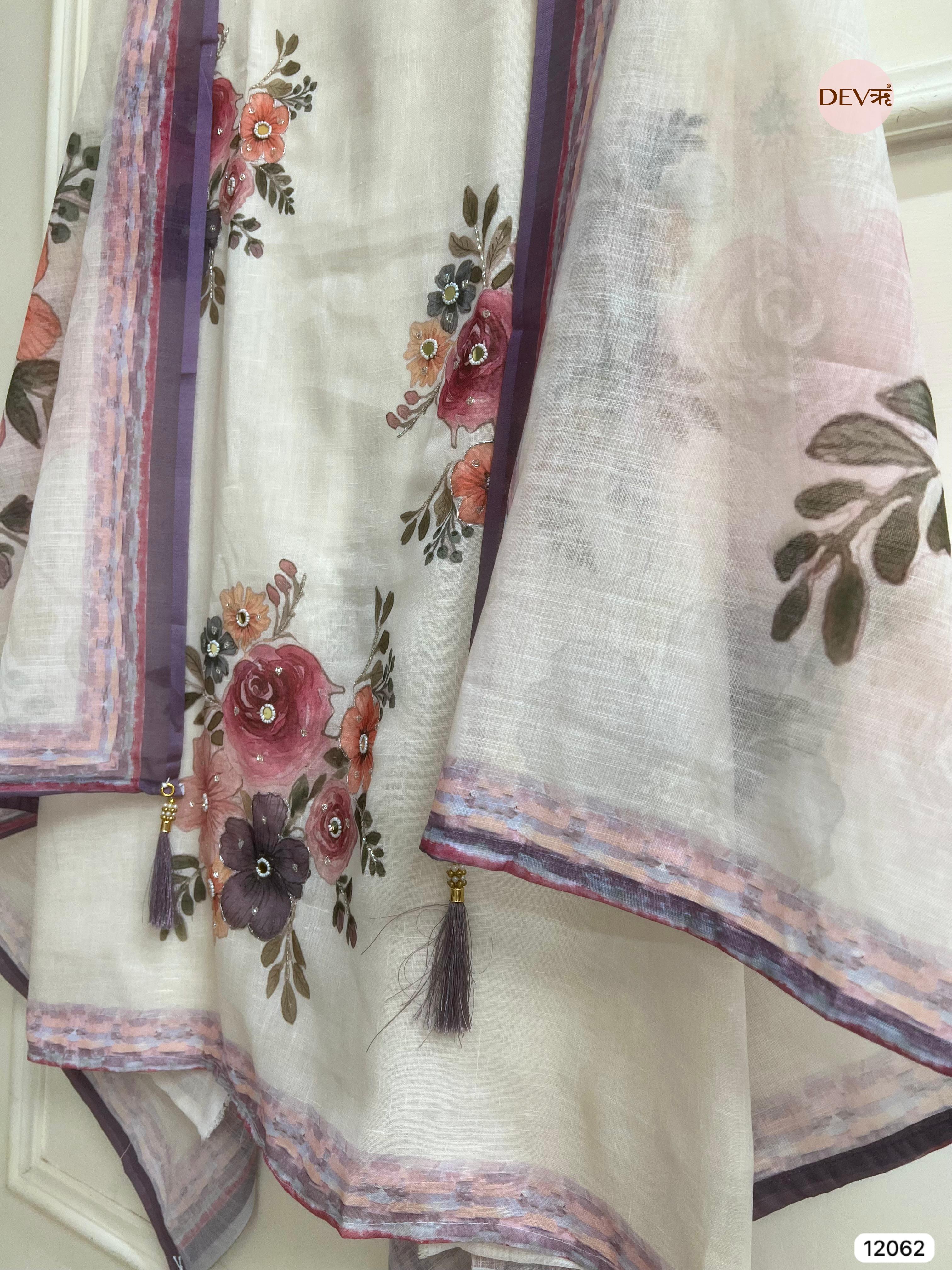 White Linen Printed Unstitched Hand Embroidered -Set Of 3- {12062}