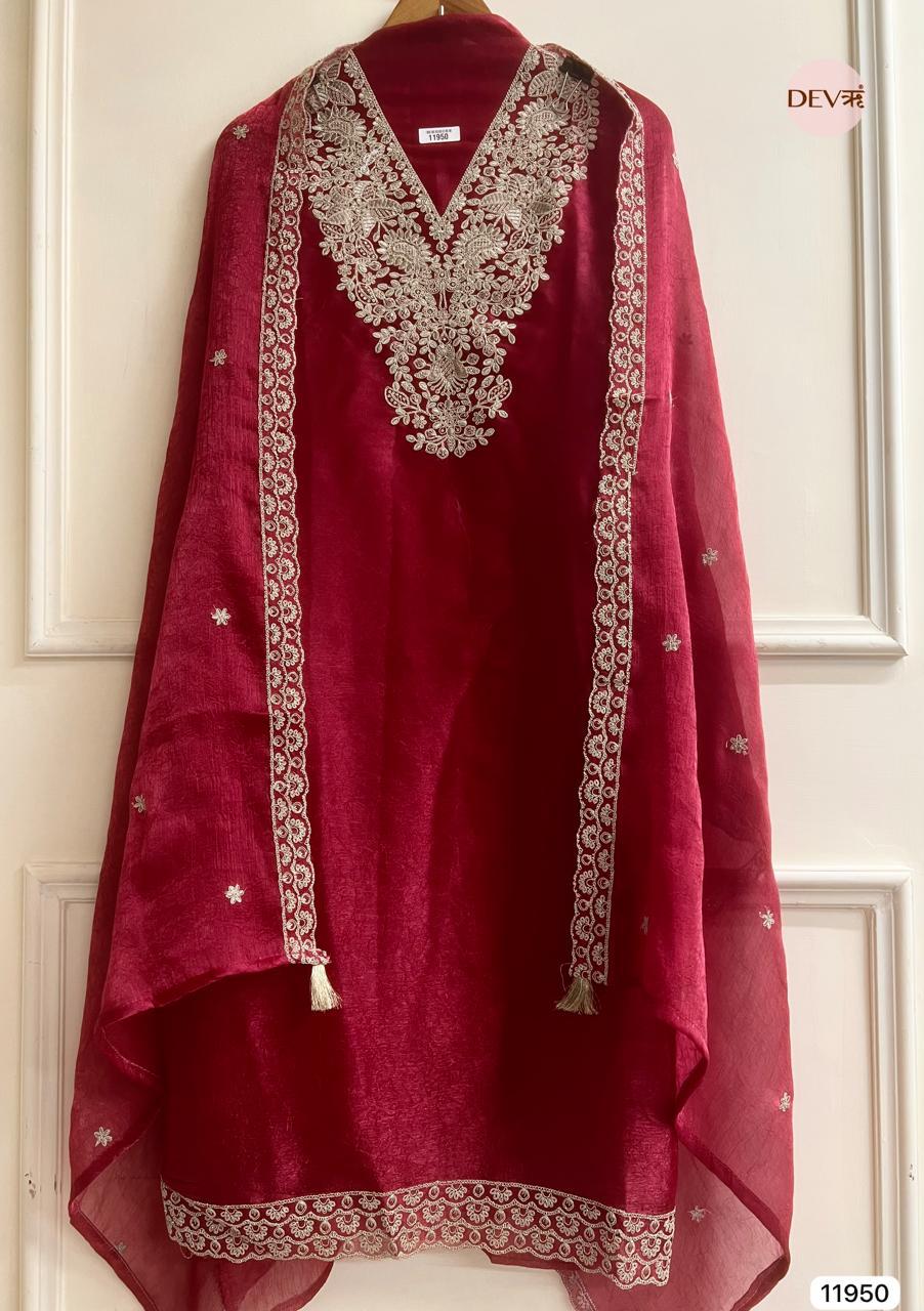 Maroon Crush Tissue Embroidered Unstitched 3-Piece Suit (Devri – D.No 11950)