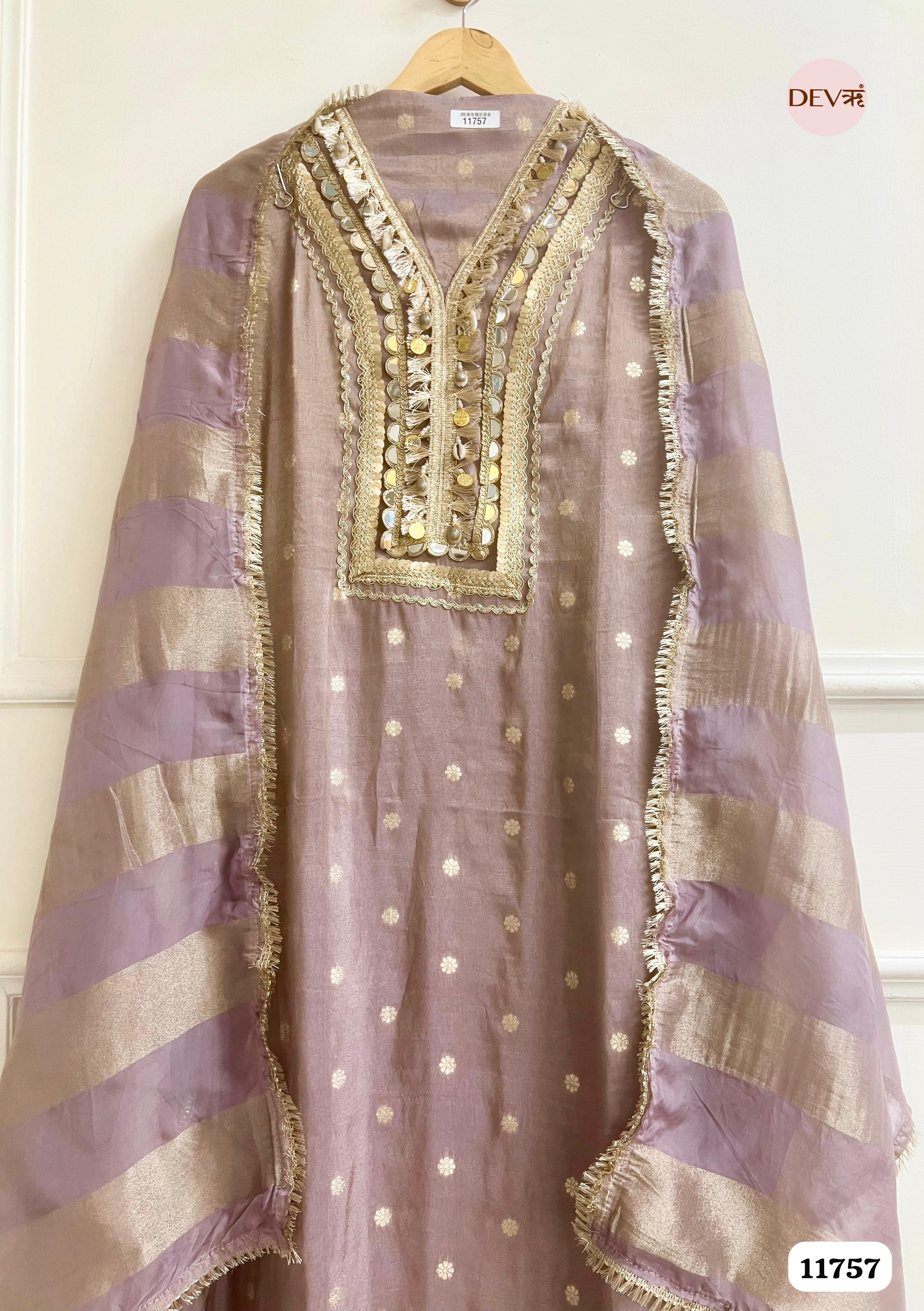 Purple Tissue Silk Unstitched Hand Embroidered -Set Of 3 {11757}