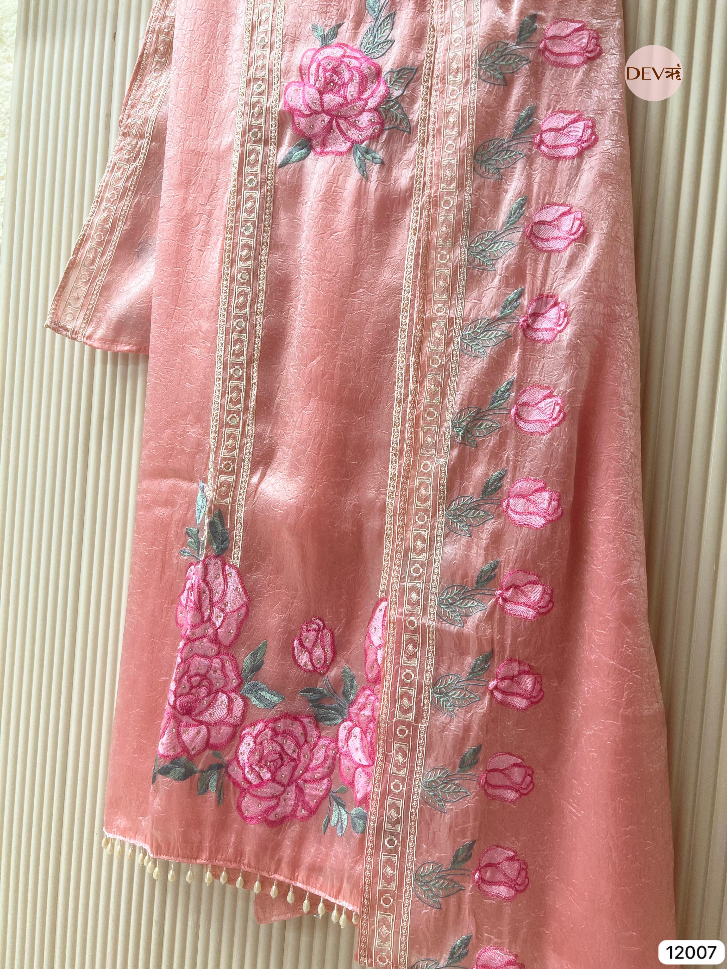 Pink Tissue Organza Silk Unstitched Embroidered -Set Of 3 - {12007}