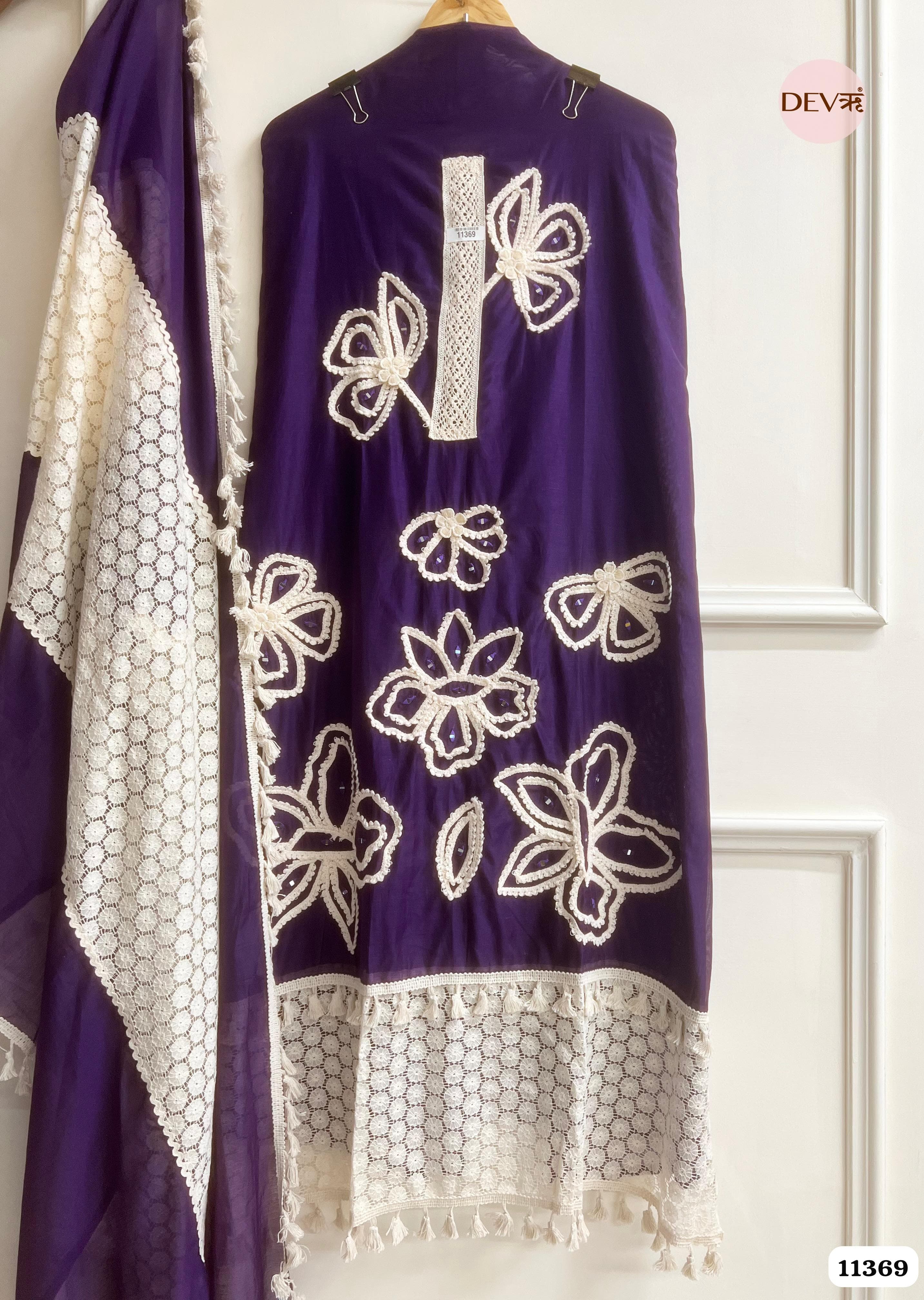 Purple Mul Chanderi Unstitched Hand Embroidered -Set Of 3 {11369}