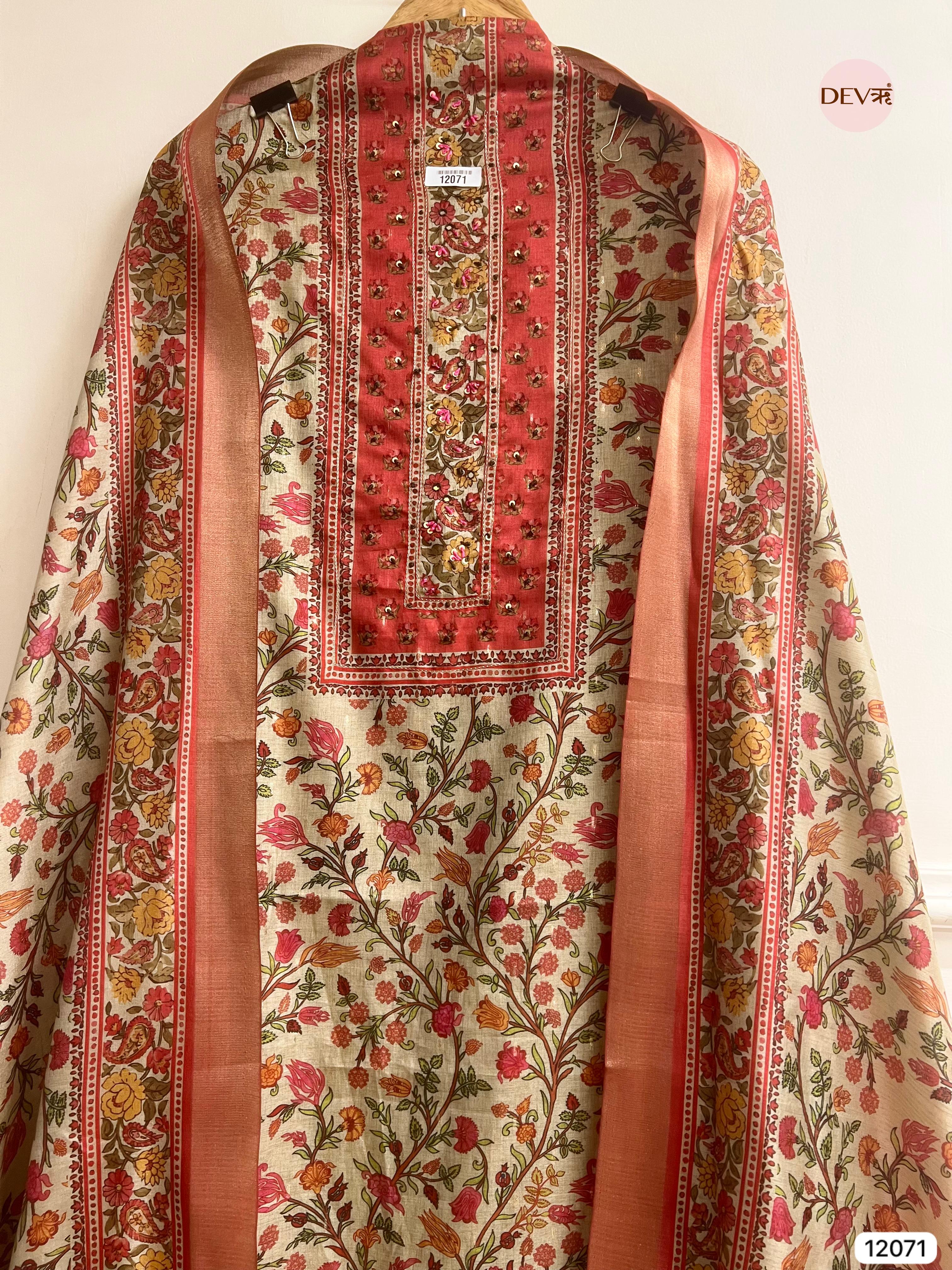 Multi Colour Tissue Khadi Silk Printed Unstitched Hand Embroidered -Set Of 3 - {12071}