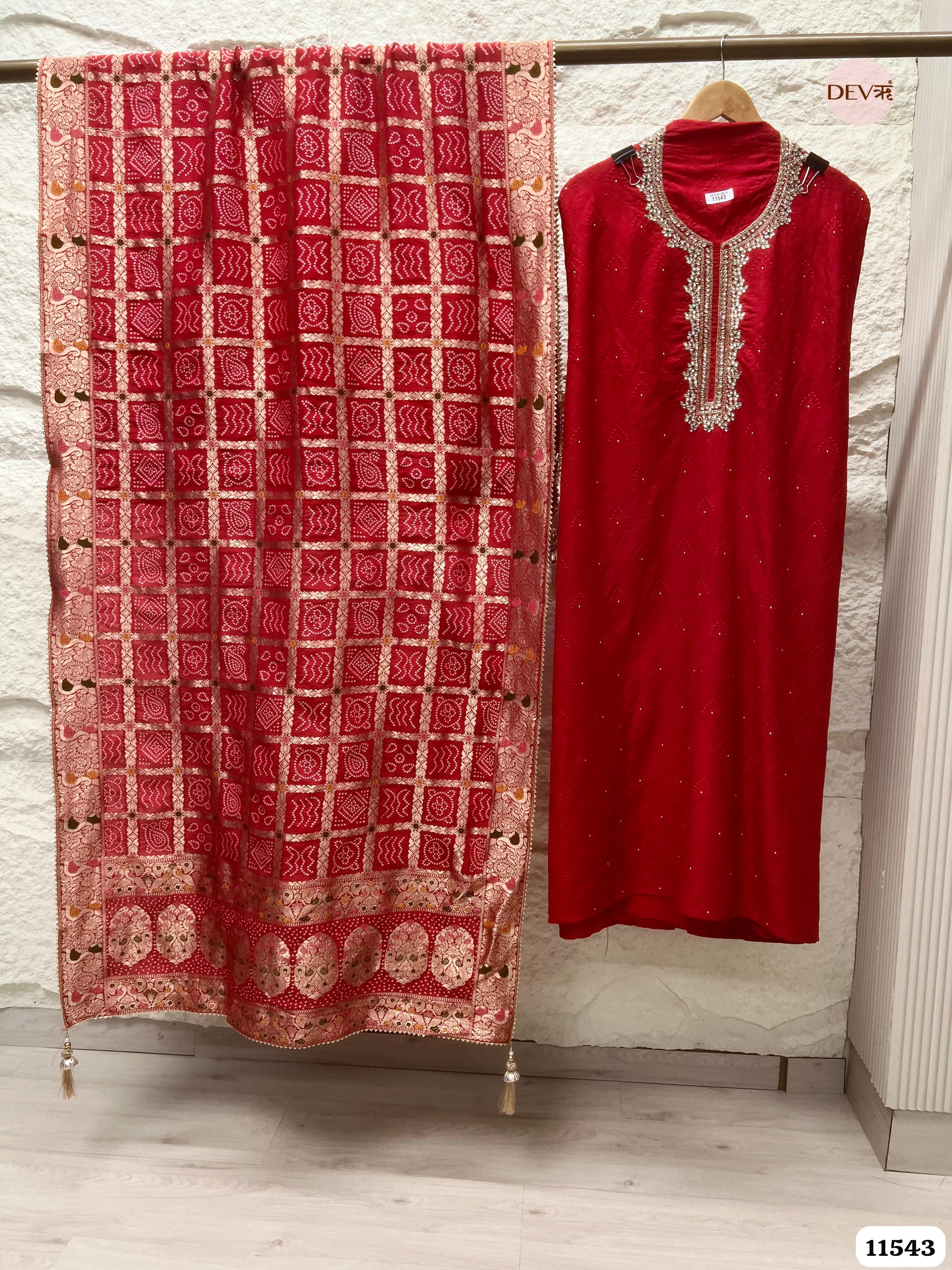 Red Pure Russian Silk Unstitched Hand Embroidered -Set Of 3 {11543}