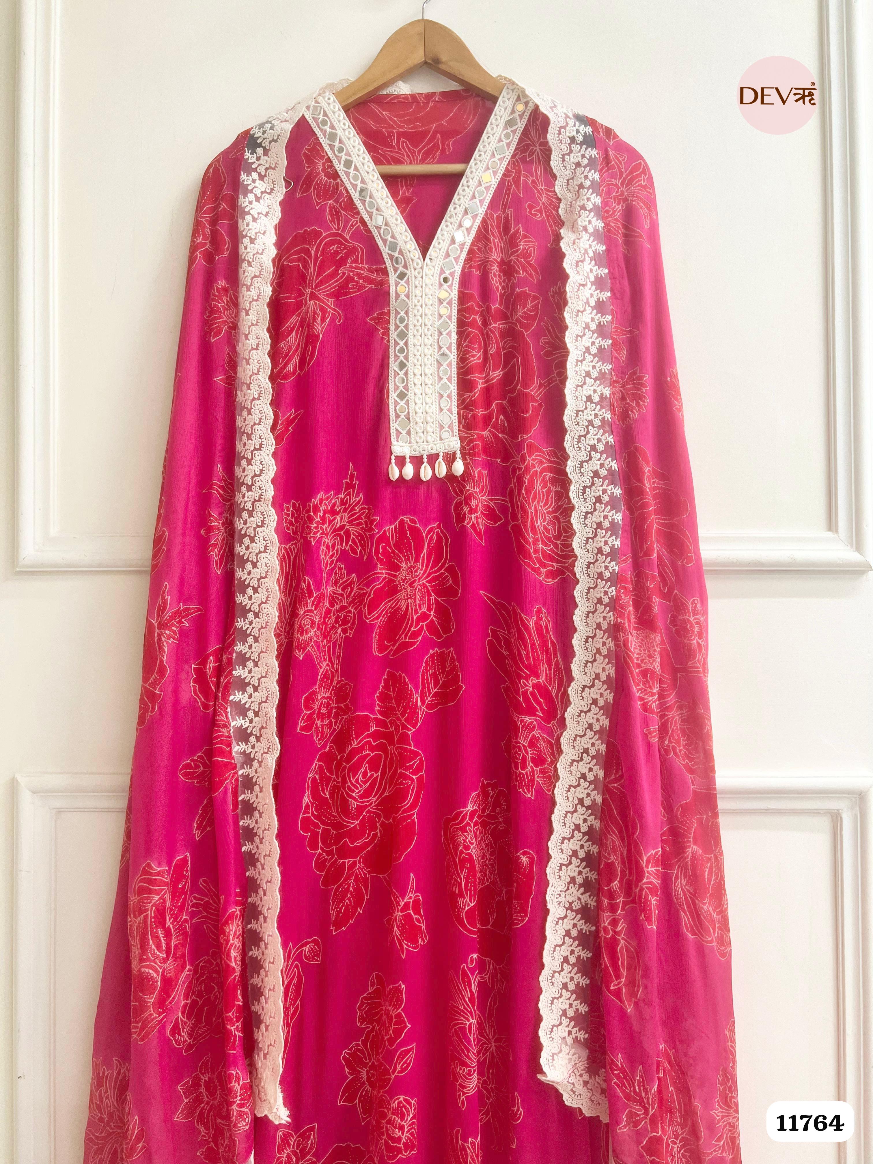 Pink Chinon Unstitched Printed Crocia Laces Set Of 3 {11764}