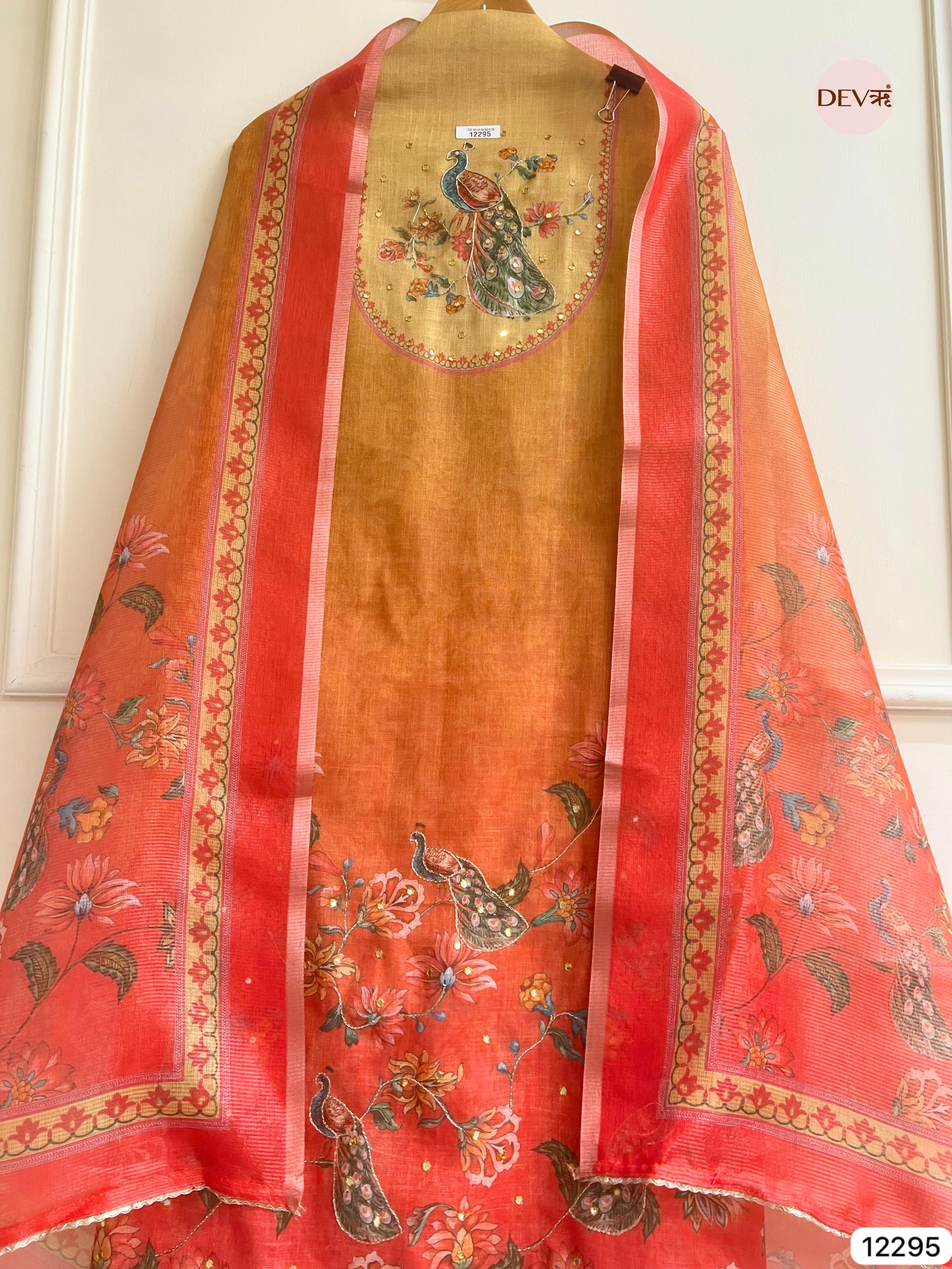 Mustard Red Linen Printed Unstitched 3-Piece Suit (Devri – D.No 12295)