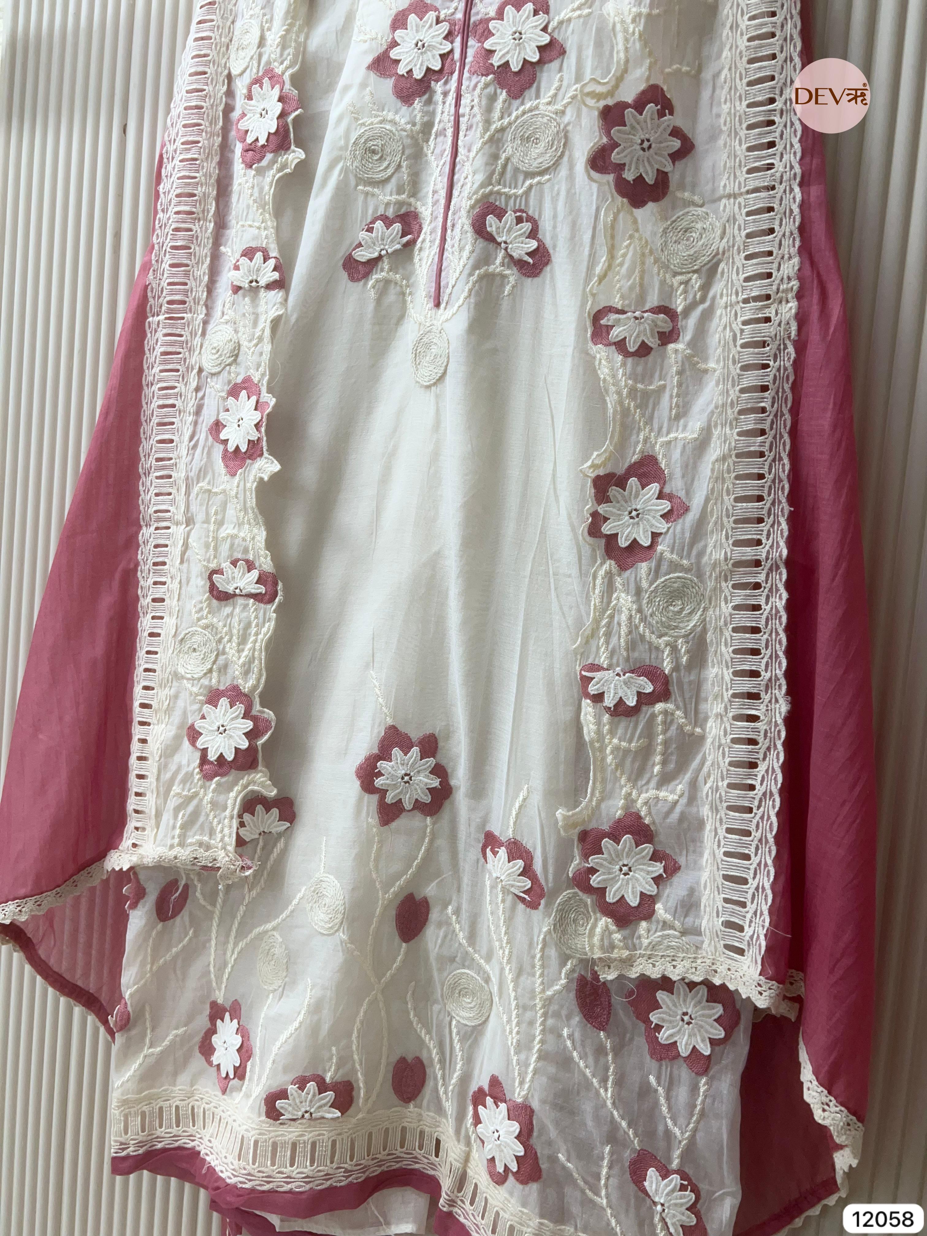 White Mul Chanderi Unstitched With Hand Embroidered -Set Of 3 - {12058}