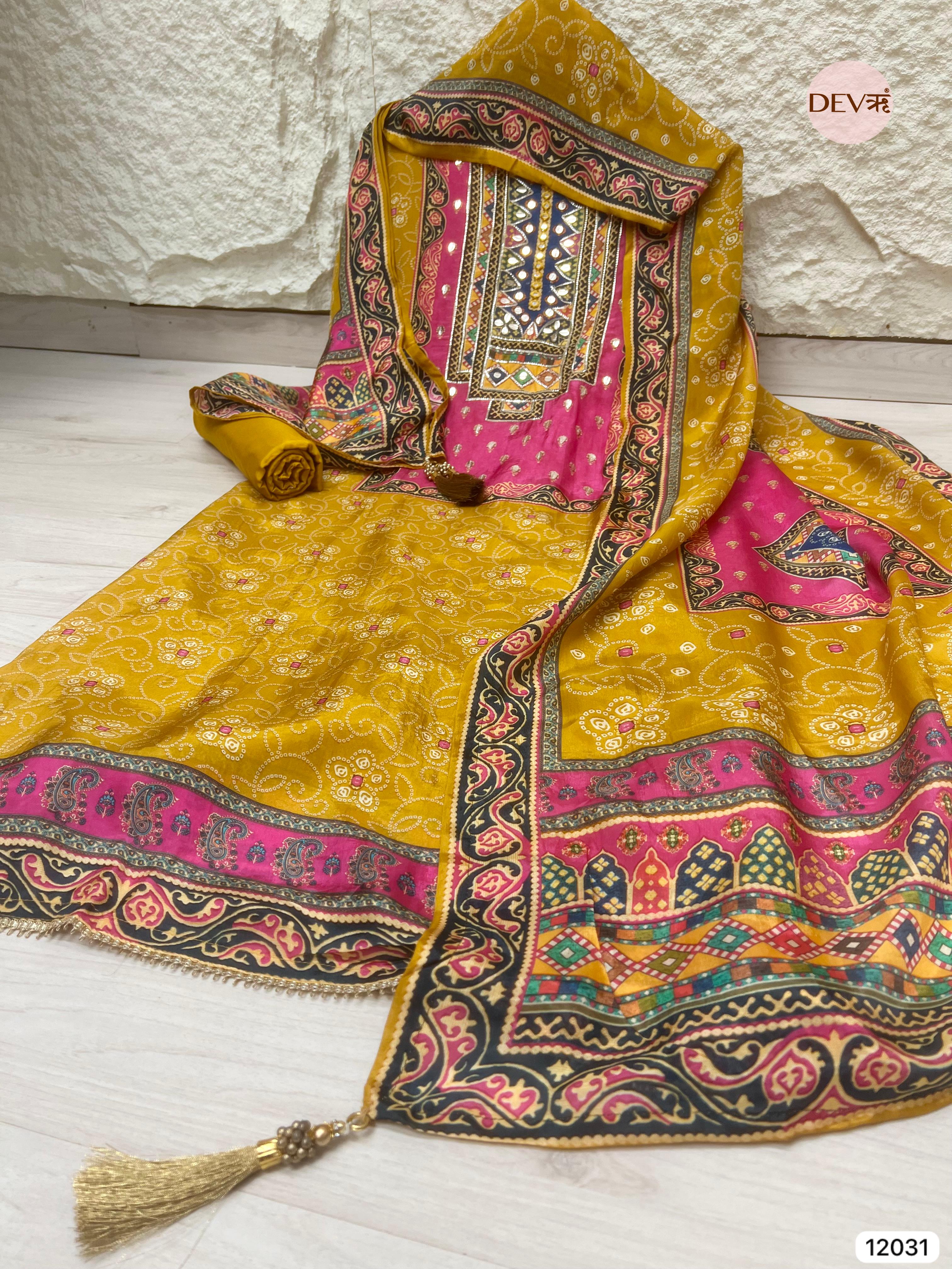 Yellow Pure Glass Silk Unstitched Printed Hand Embroidered -Set Of 3 - {12031}