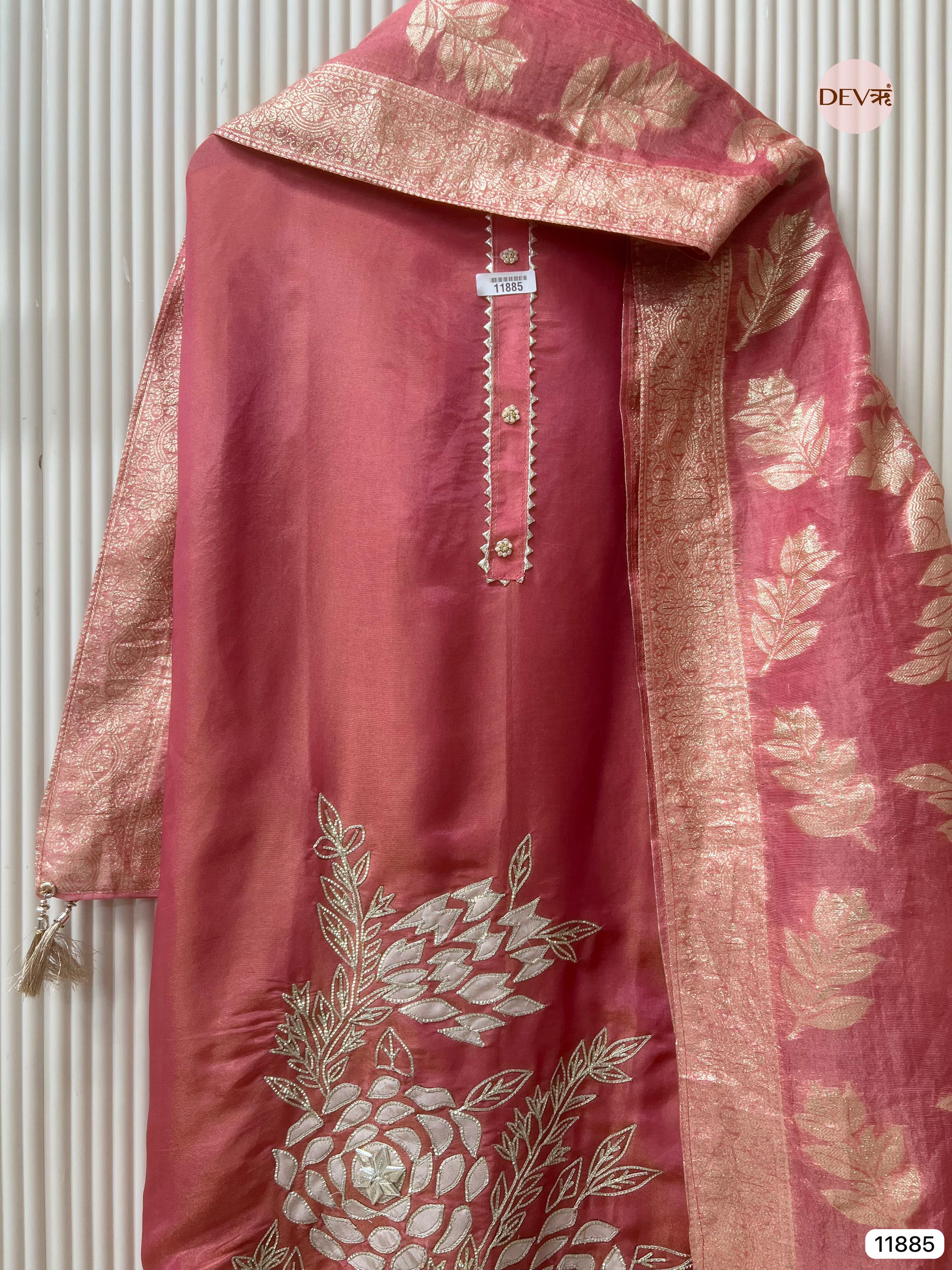 Pink Tissue Shimmer Silk Unstitched Hand Embroidered -Set Of 3 - {11885}