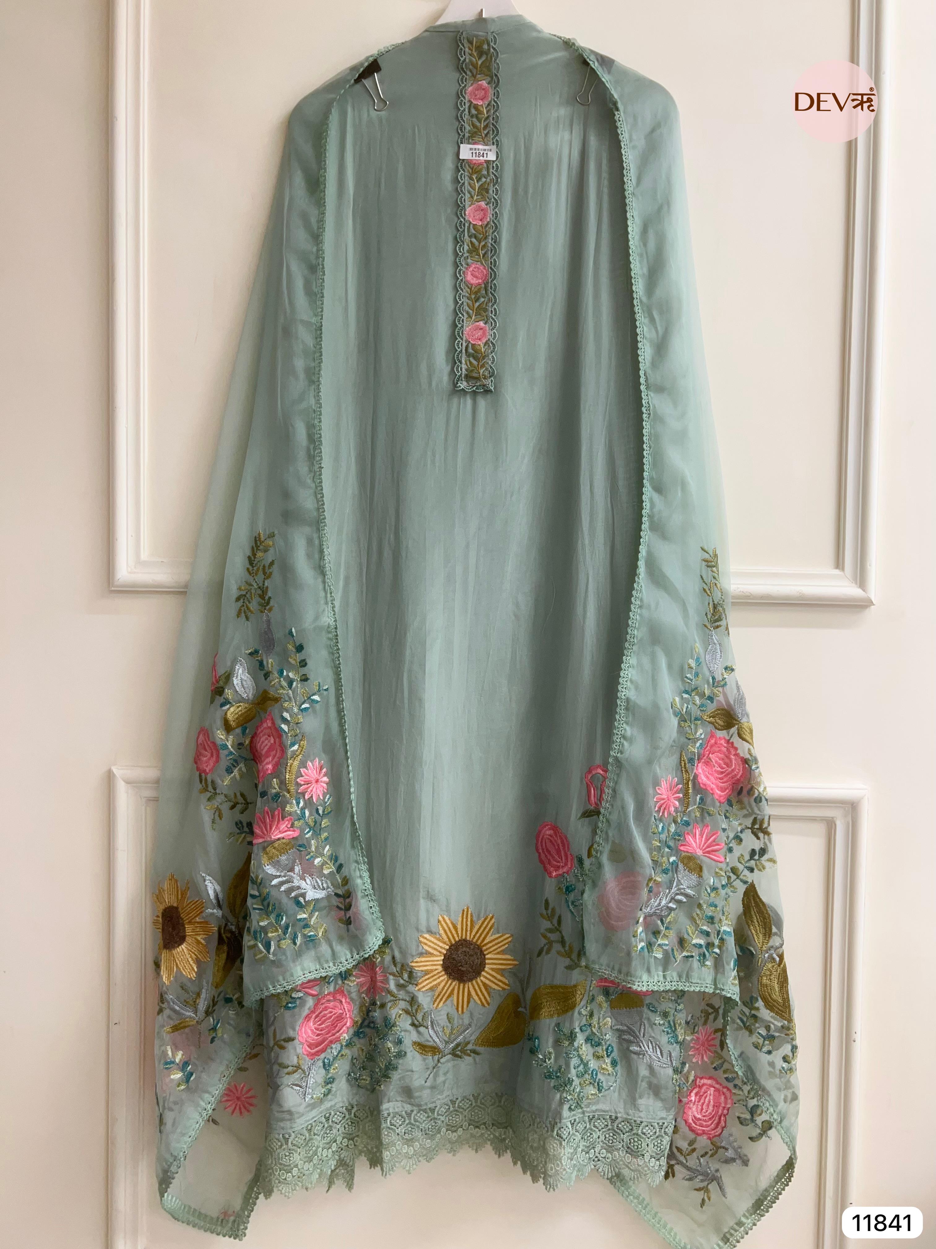 Green Organza silk unstitched embroidered -Set Of 3- {11841}