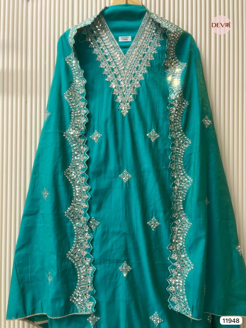 Greenish-Blue Modal Silk Unstitched Hand Embroidered -Set Of 3 - {11948}