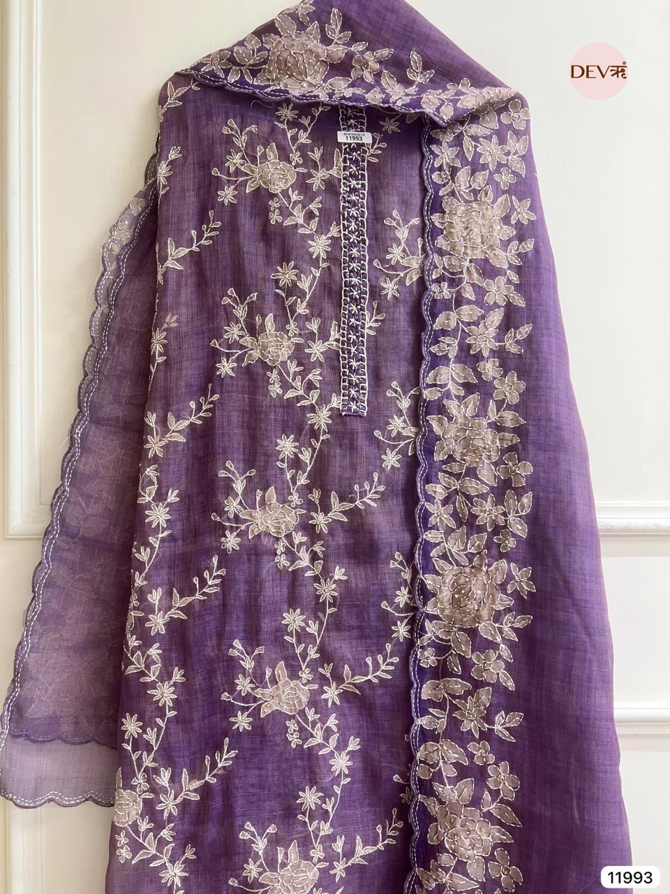 Purple  Pure Mul Linen Unstitched Embroidered -Set Of 3 - {11993}