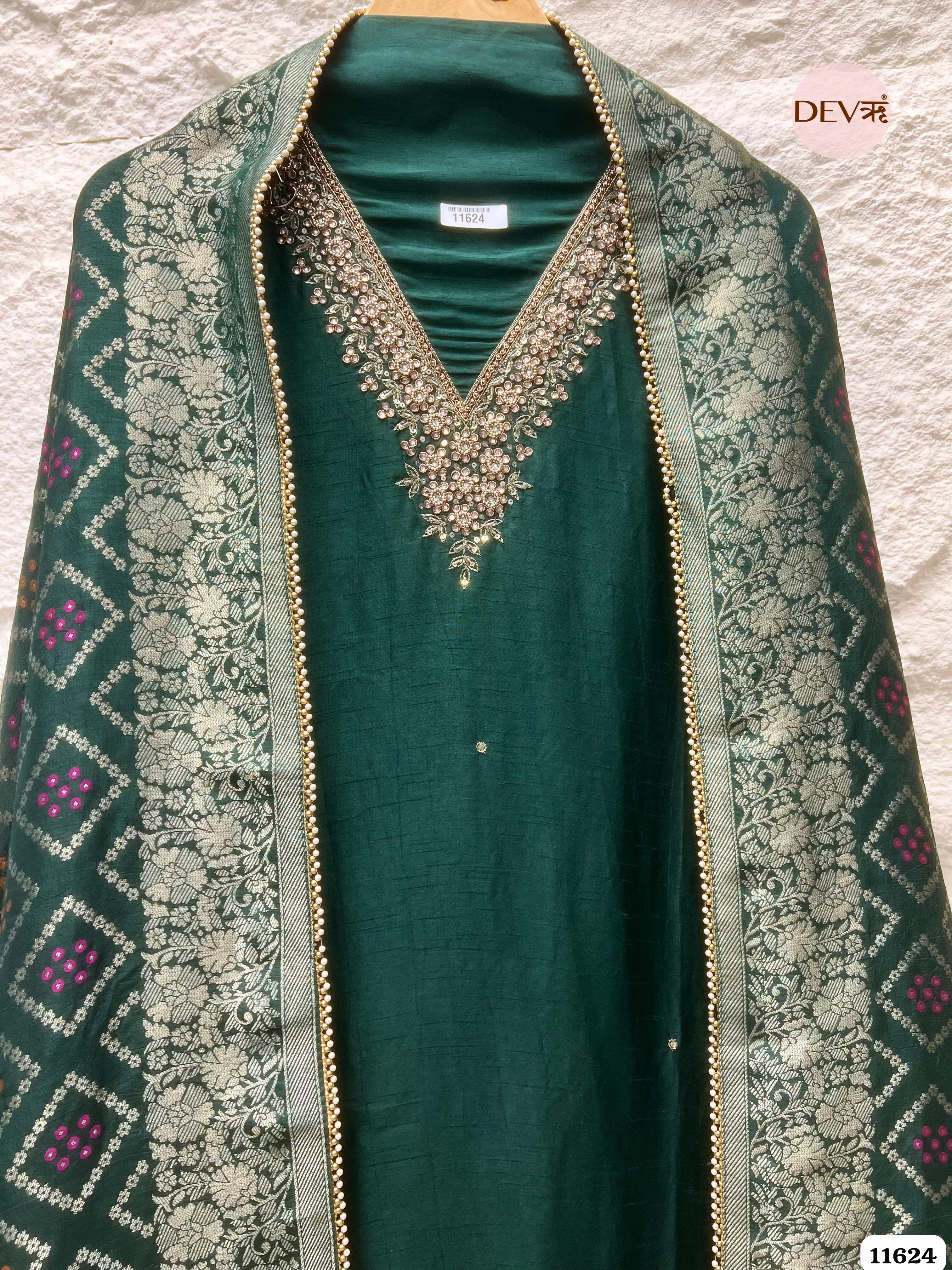 Dark Green Pure Russian Silk Unstitched Hand Embroidered -Set Of 3 {11624}