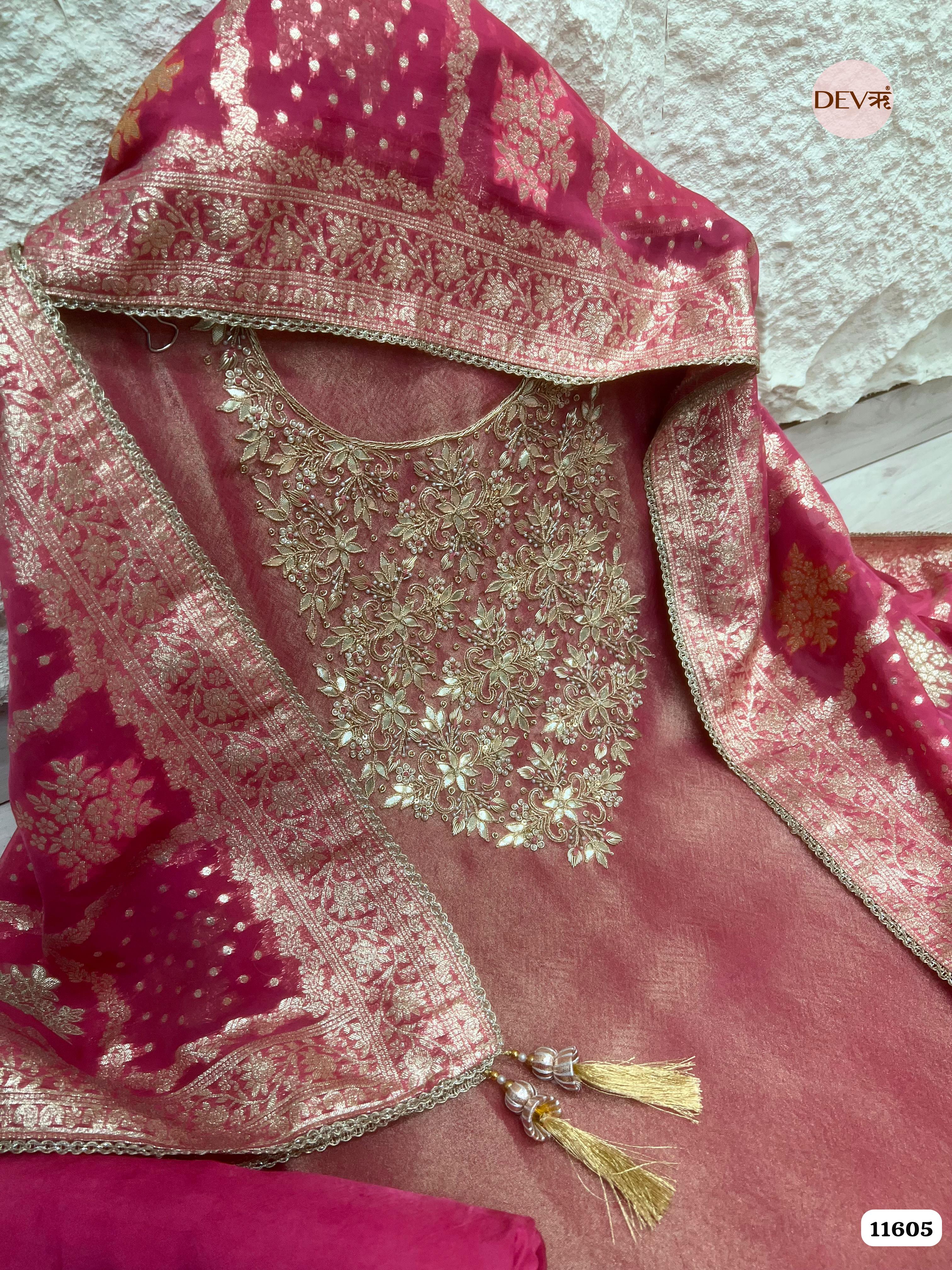 Rose Pink Pure Tissue Banarasi Silk Unstitched Hand Embroidered -Set Of 3 {11605}