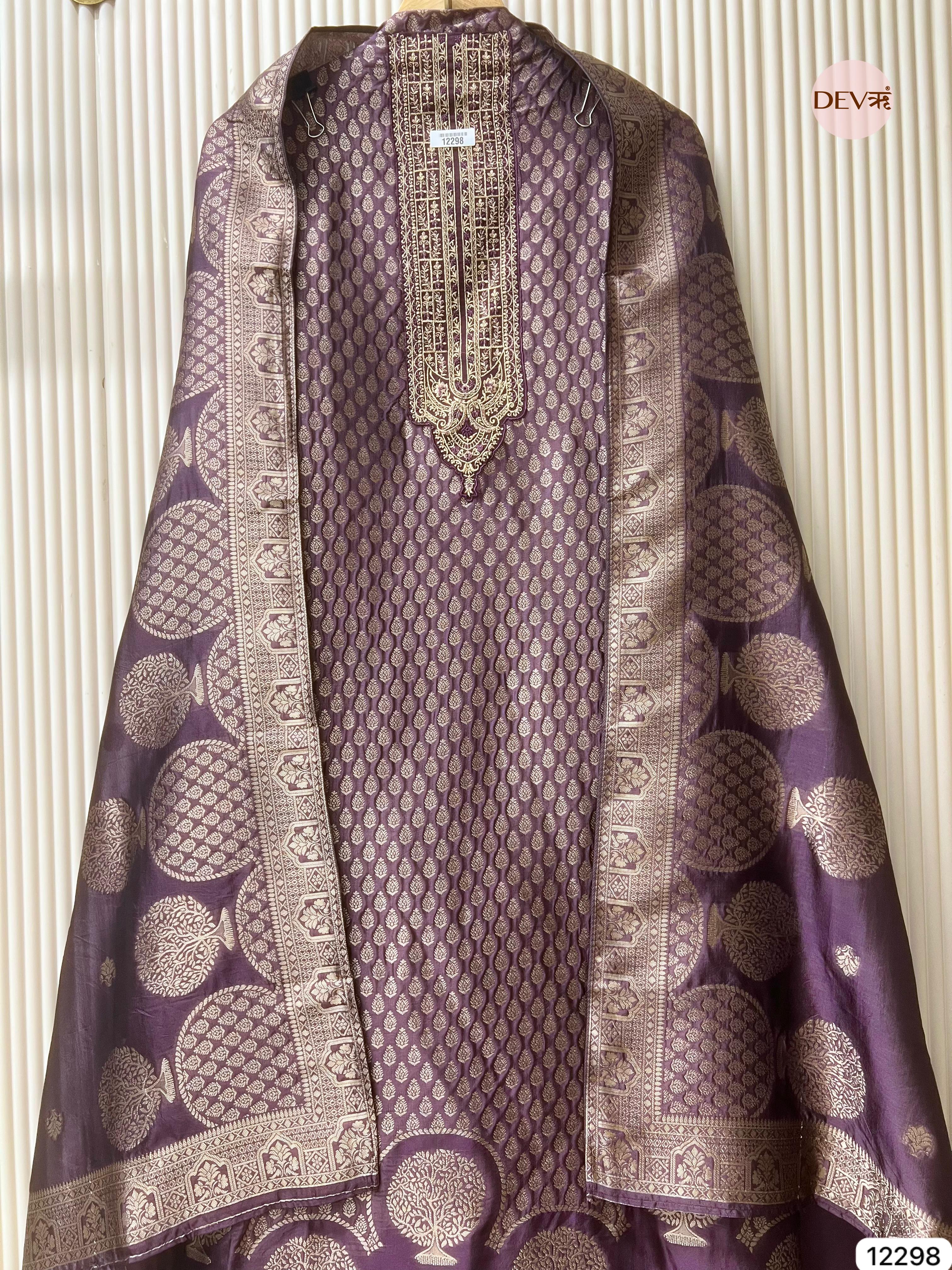 Plum Pure Banarasi Silk Woven Unstitched 3-Piece Suit (Devri – D.No 12298)