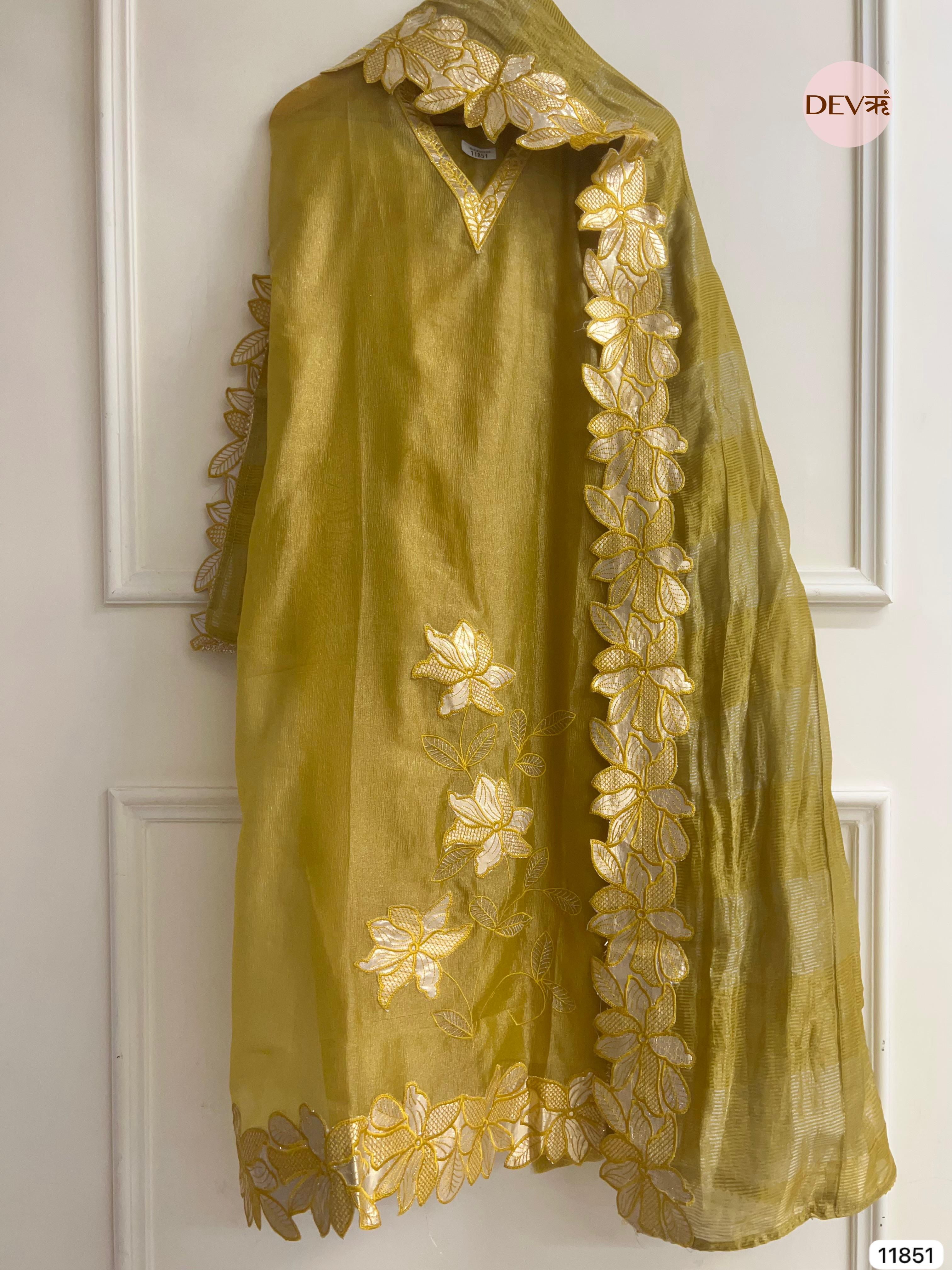 Golden Brown Tissue Silk Unstitched Embroidered -Set Of 3- {11851}