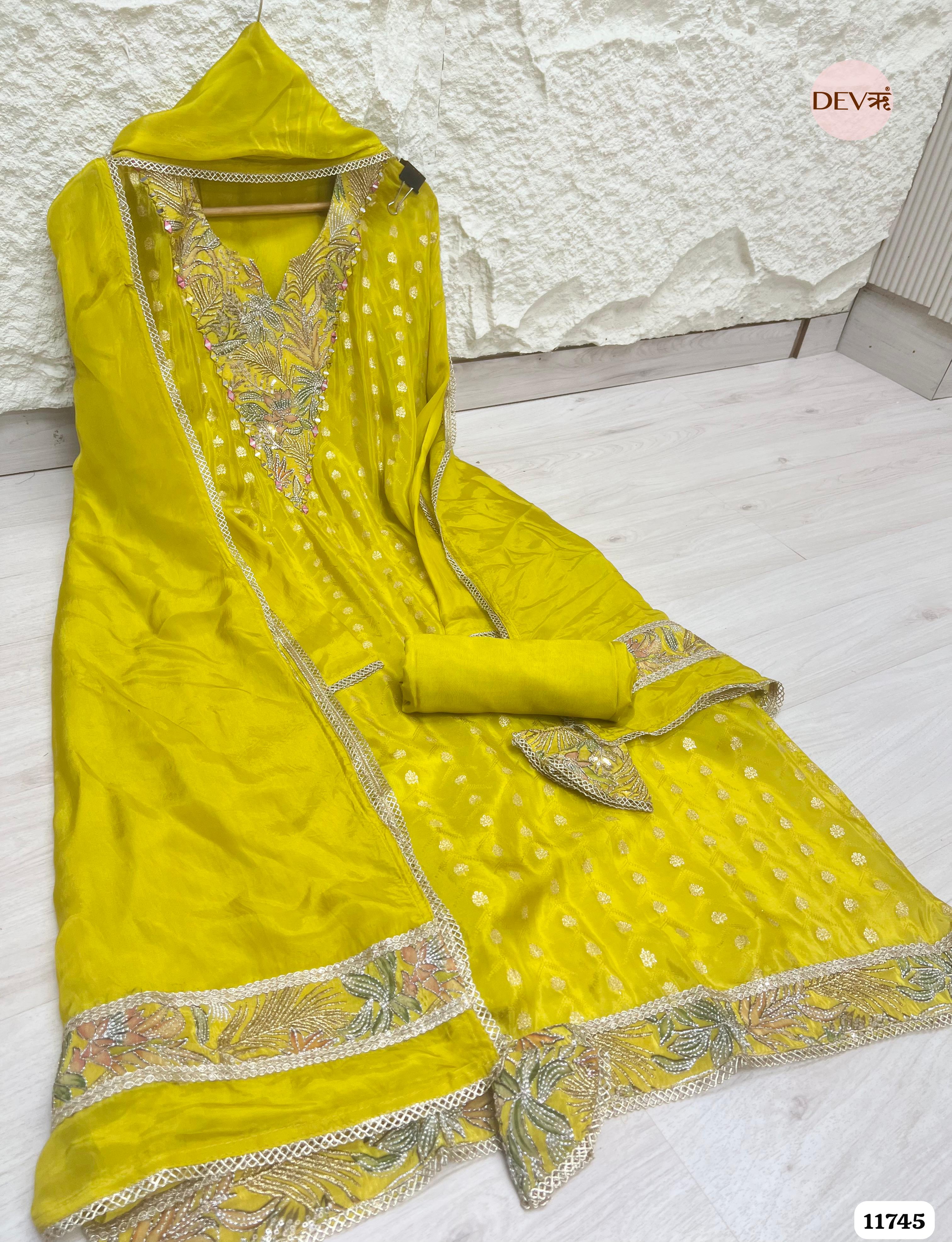 Yellow Tissue Shimmer Silk UnstitchedHand Embroidered -Set Of 3 {11745}