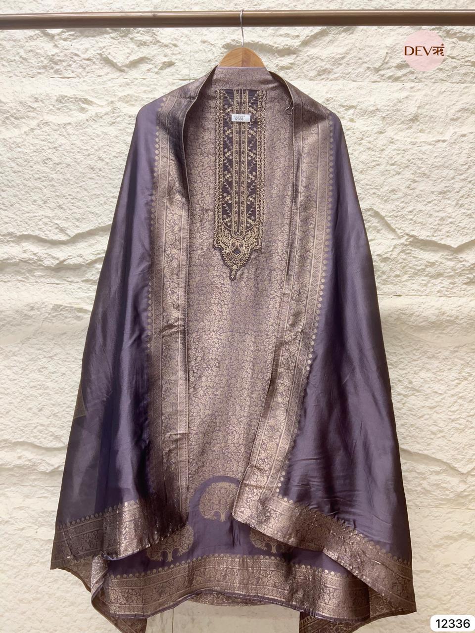 Soft Mauve Pure Banarasi Silk Embroidered Unstitched 3-Piece Suit (Devri – D.No 12336)