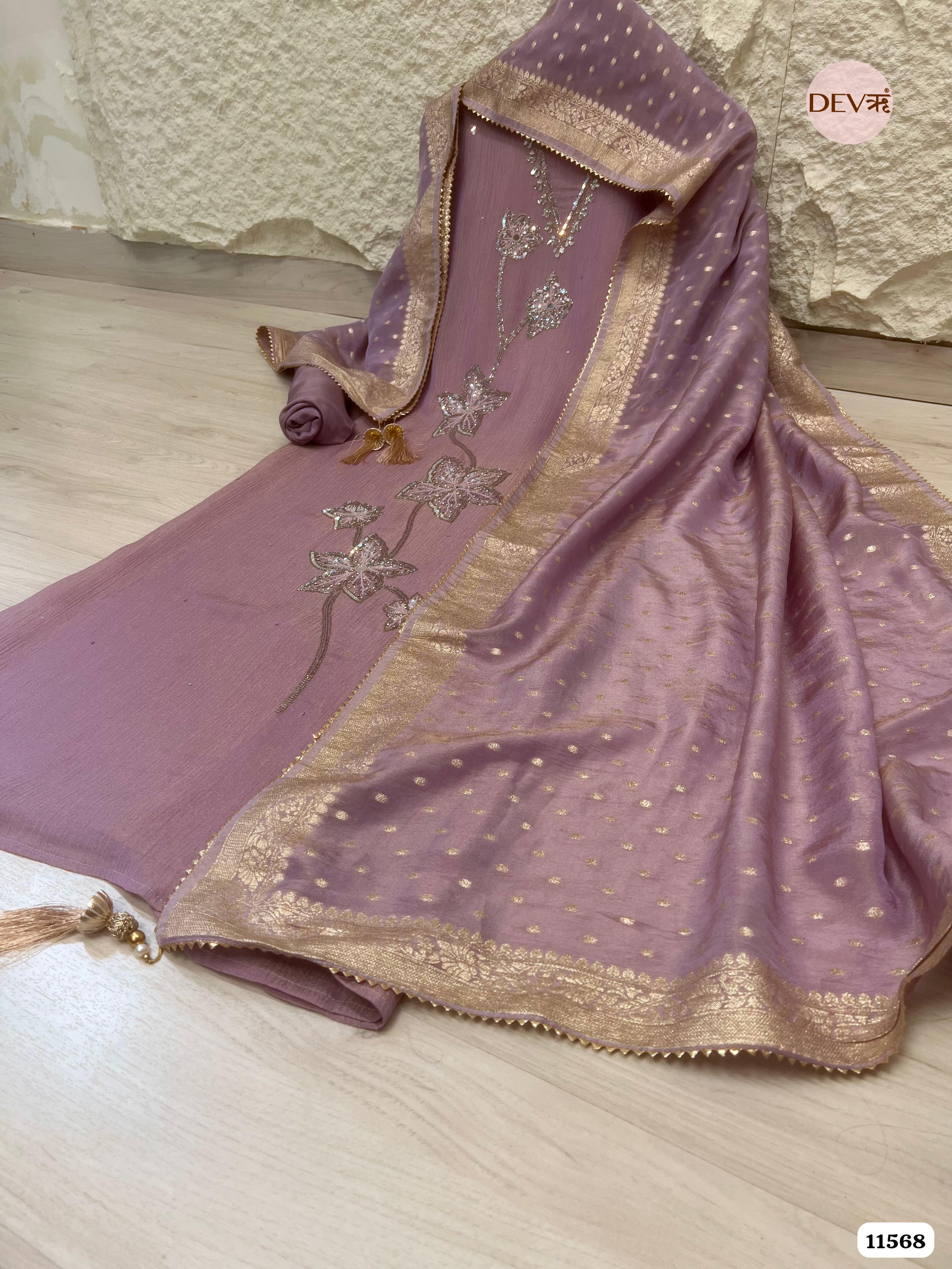 Purple Pure Chino Unstitched Hand Embroidered -Set Of 3 {11568}