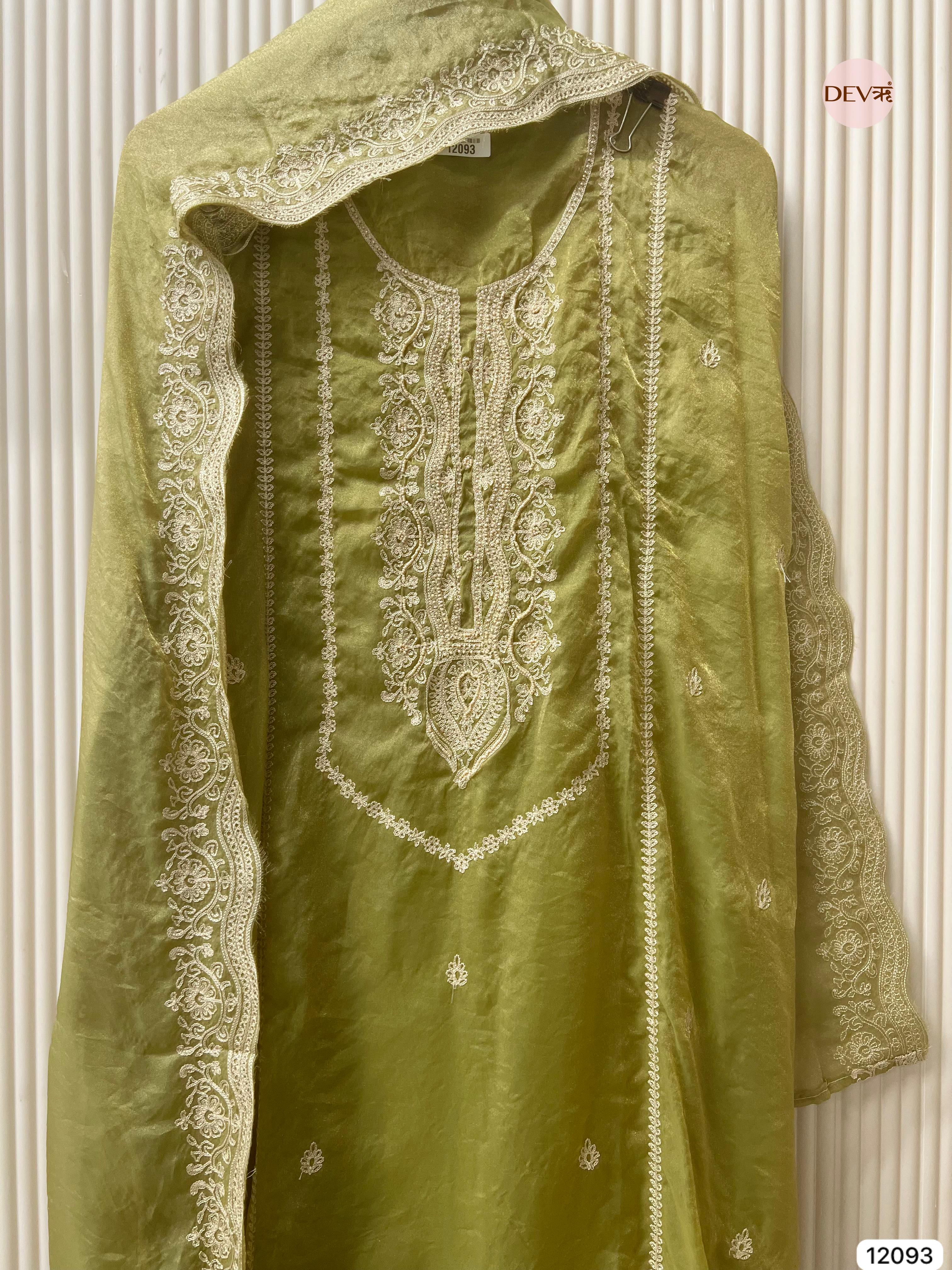 Green Tissue Crush Silk Unstitched Embroidered -Set Of 3 - {12093}
