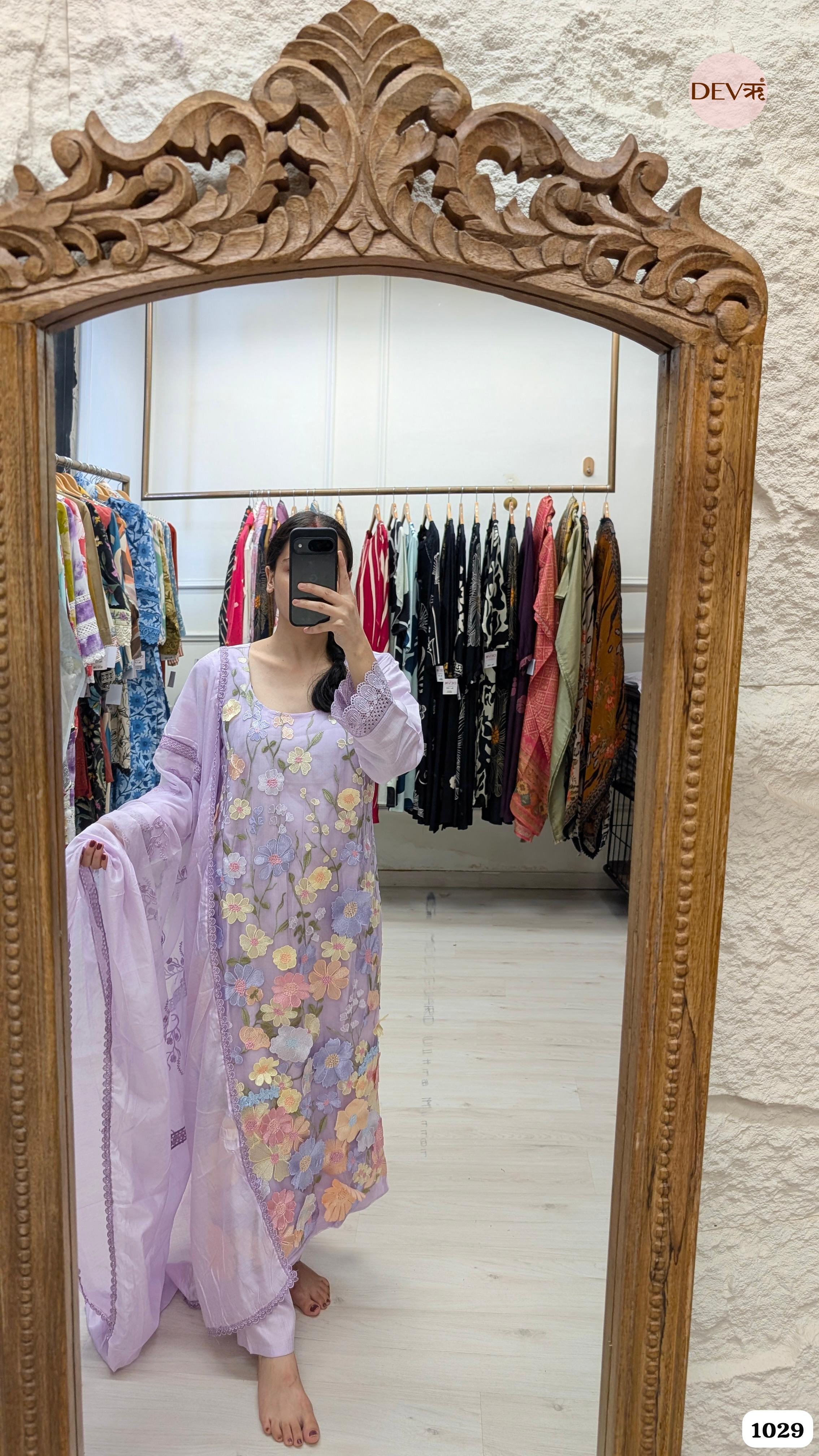 Light Purple Slub Cotton Stitched Embroidered -Set Of 3 {1029/L}