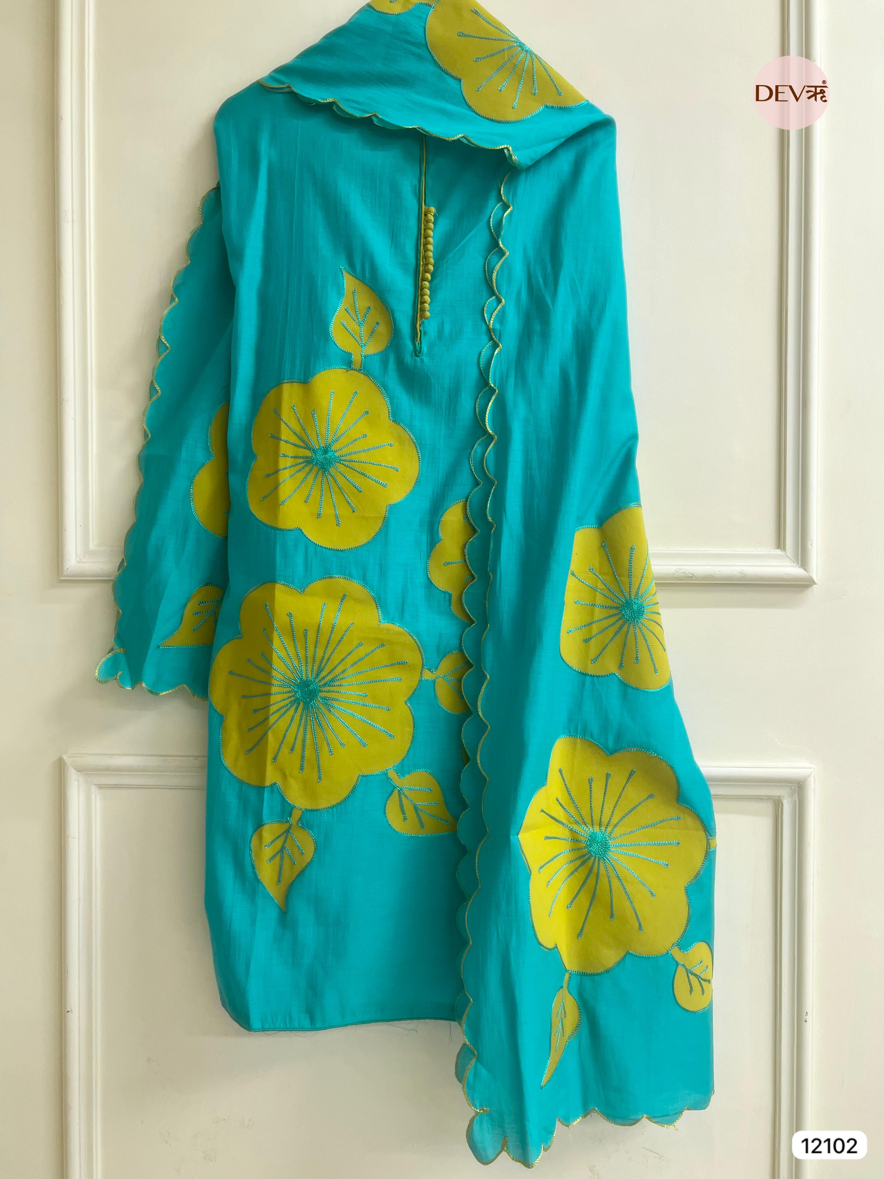 Blue Modal Silk Unstitched Applique Embroidered -Set Of 3 - {12102}