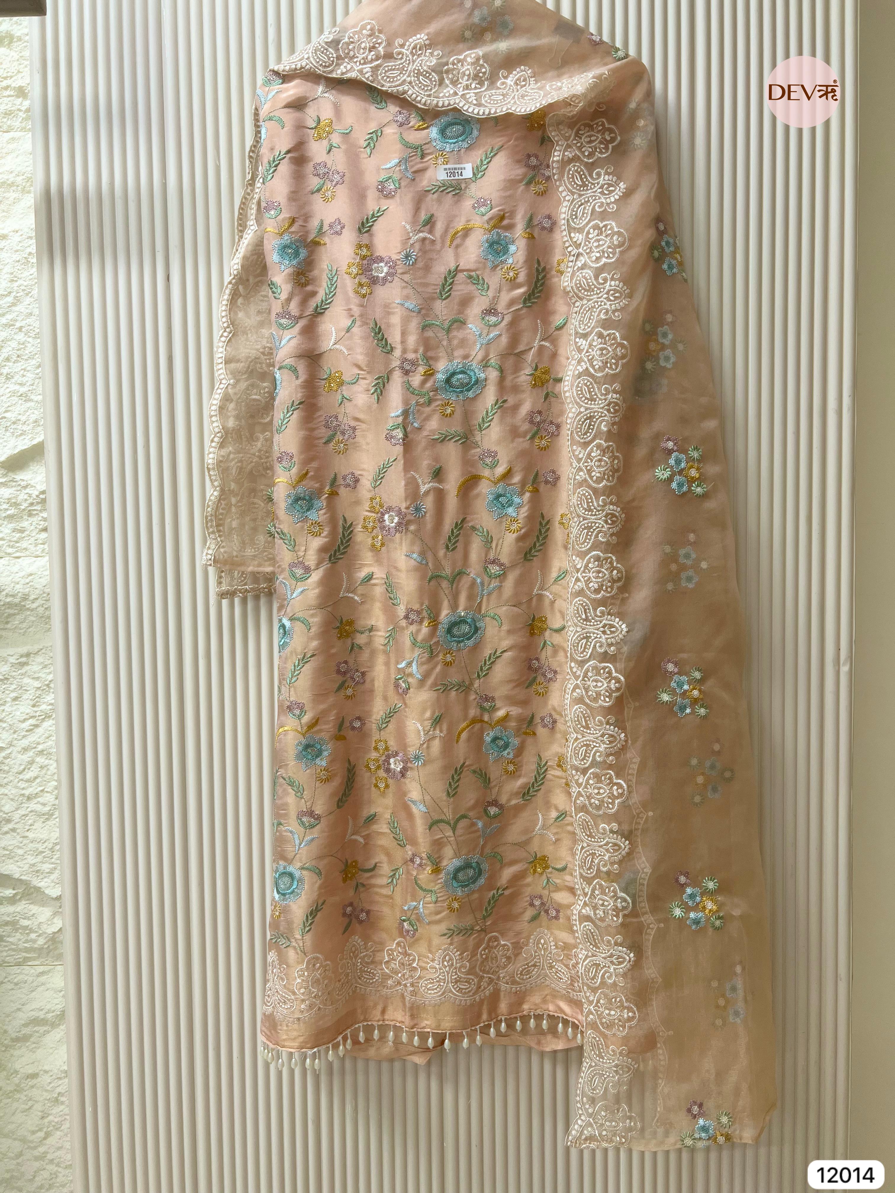 Beige Shimmer Tissue Silk Unstitched Embroidered -Set Of 3- {12014}