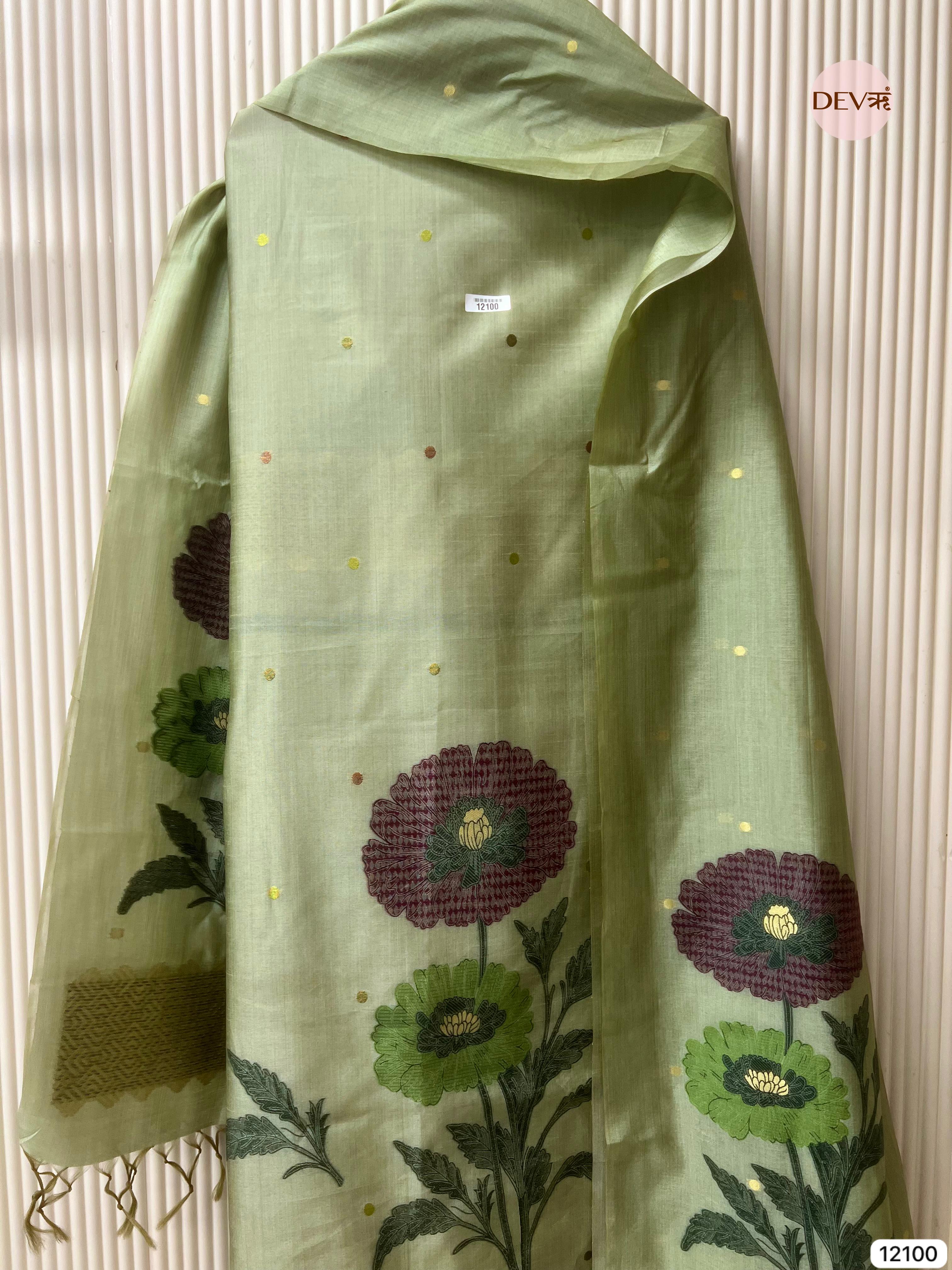 Green Banarasi Khadi Silk Unstitched -Set Of 3 - {12100}