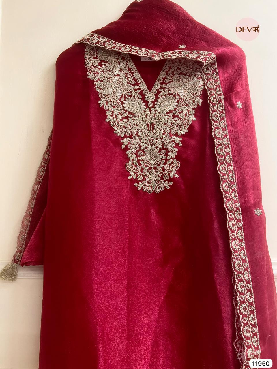 Maroon Crush Tissue Embroidered Unstitched 3-Piece Suit (Devri – D.No 11950)