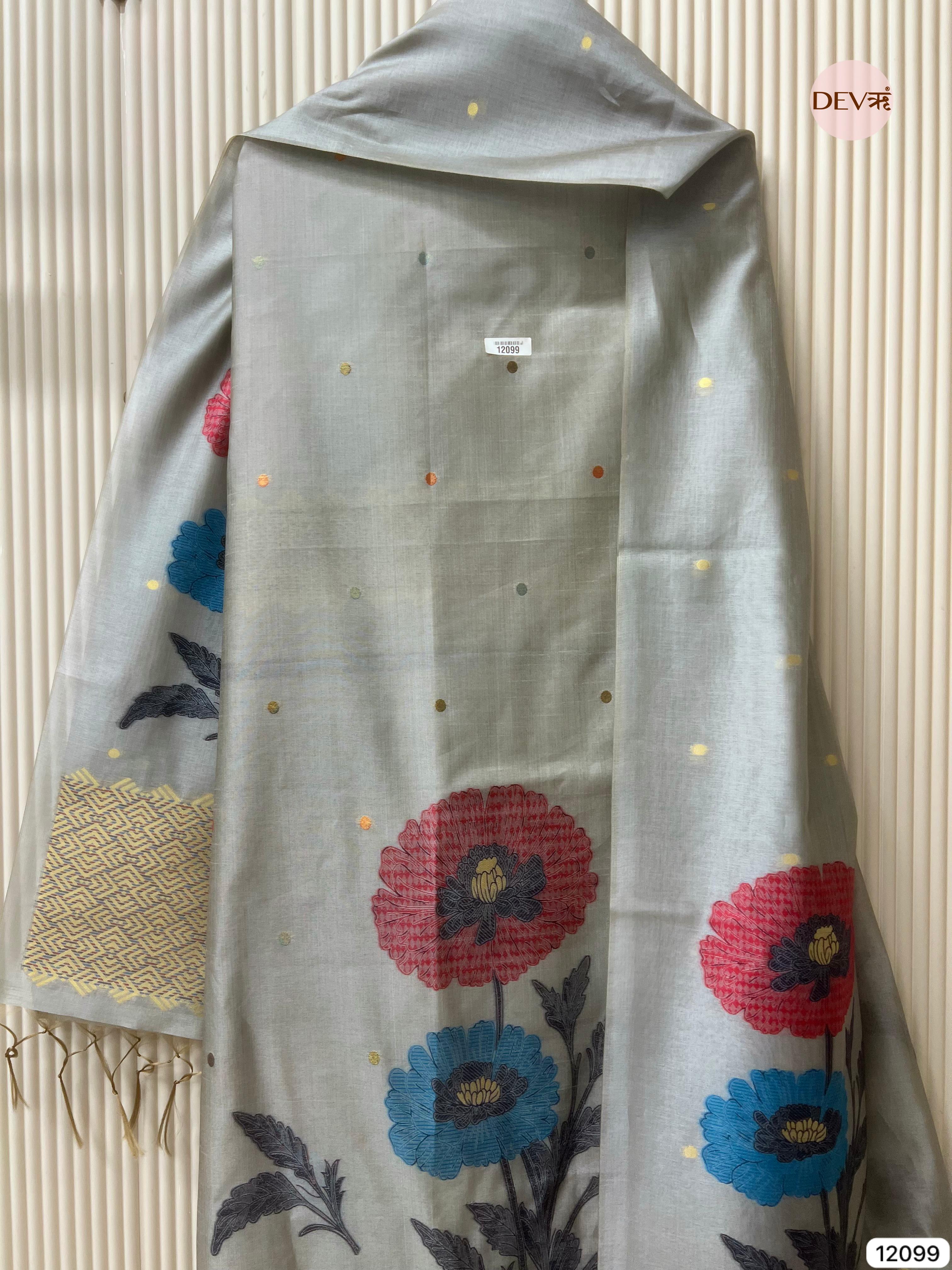 Grey Banarasi Khadi Silk Unstitched -Set Of 3 - {12099}