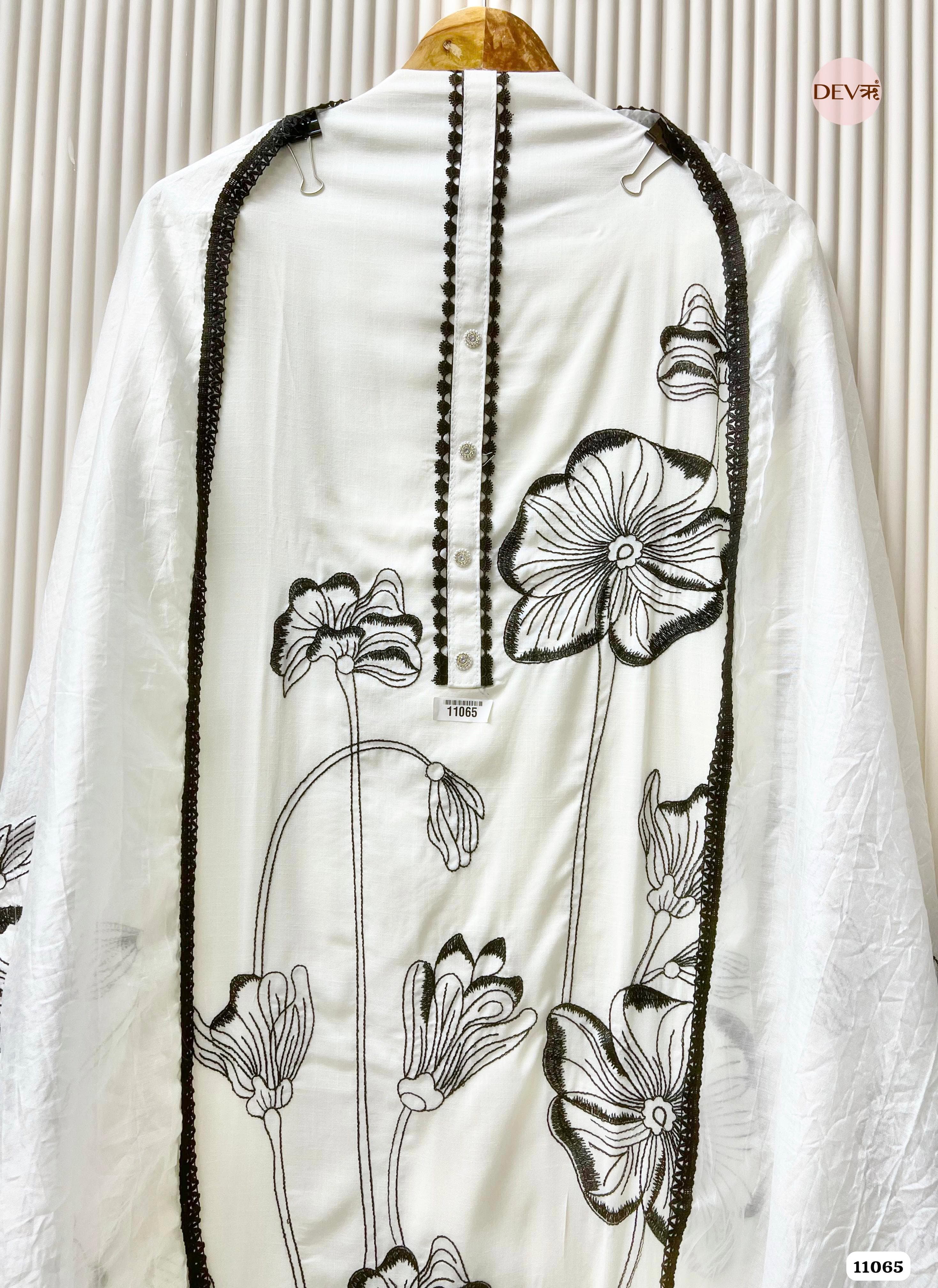 White Cotton Printed Unstitched Hand Embroidered -Set Of 3