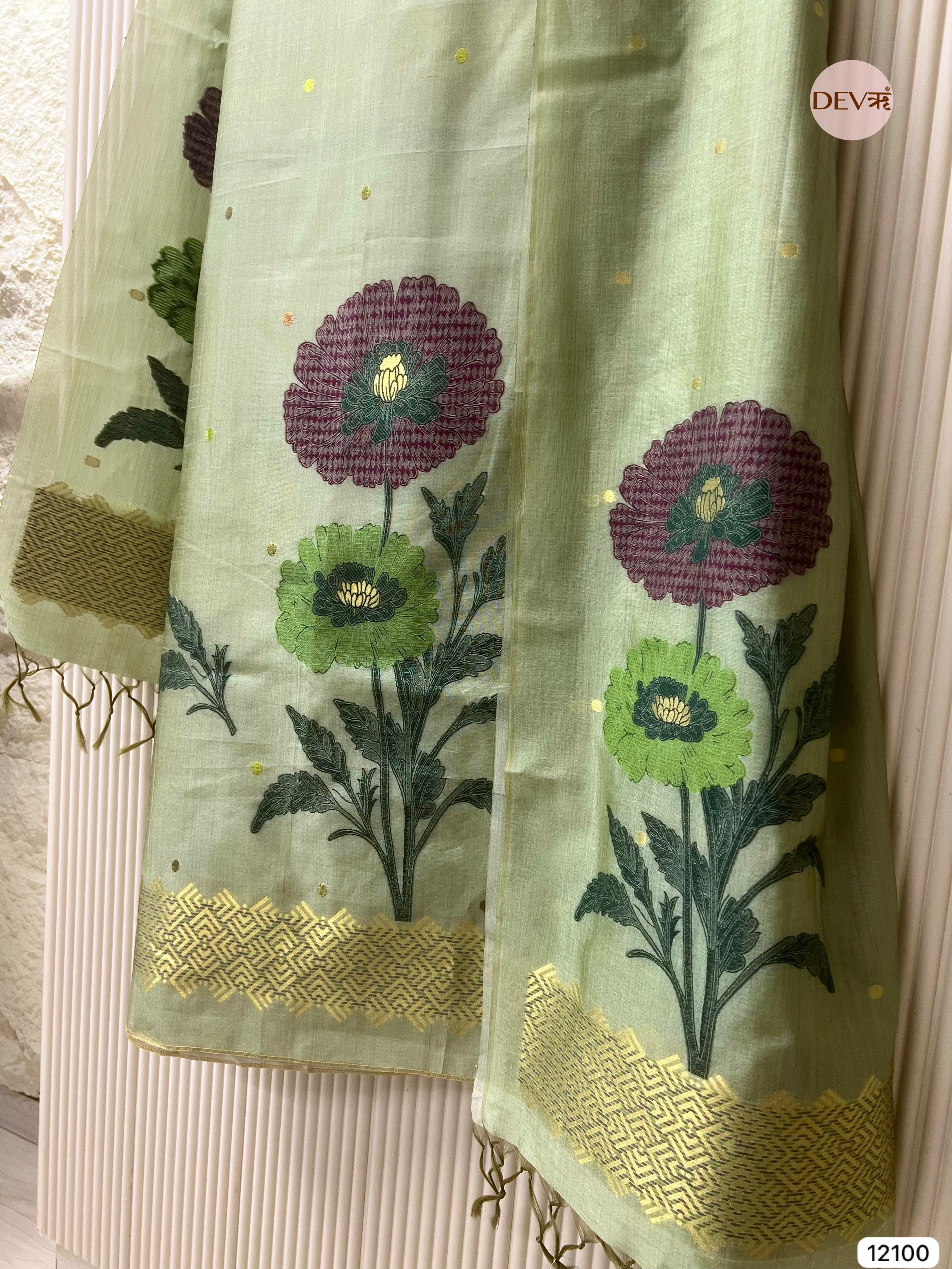 Green Banarasi Khadi Silk Unstitched -Set Of 3 - {12100}