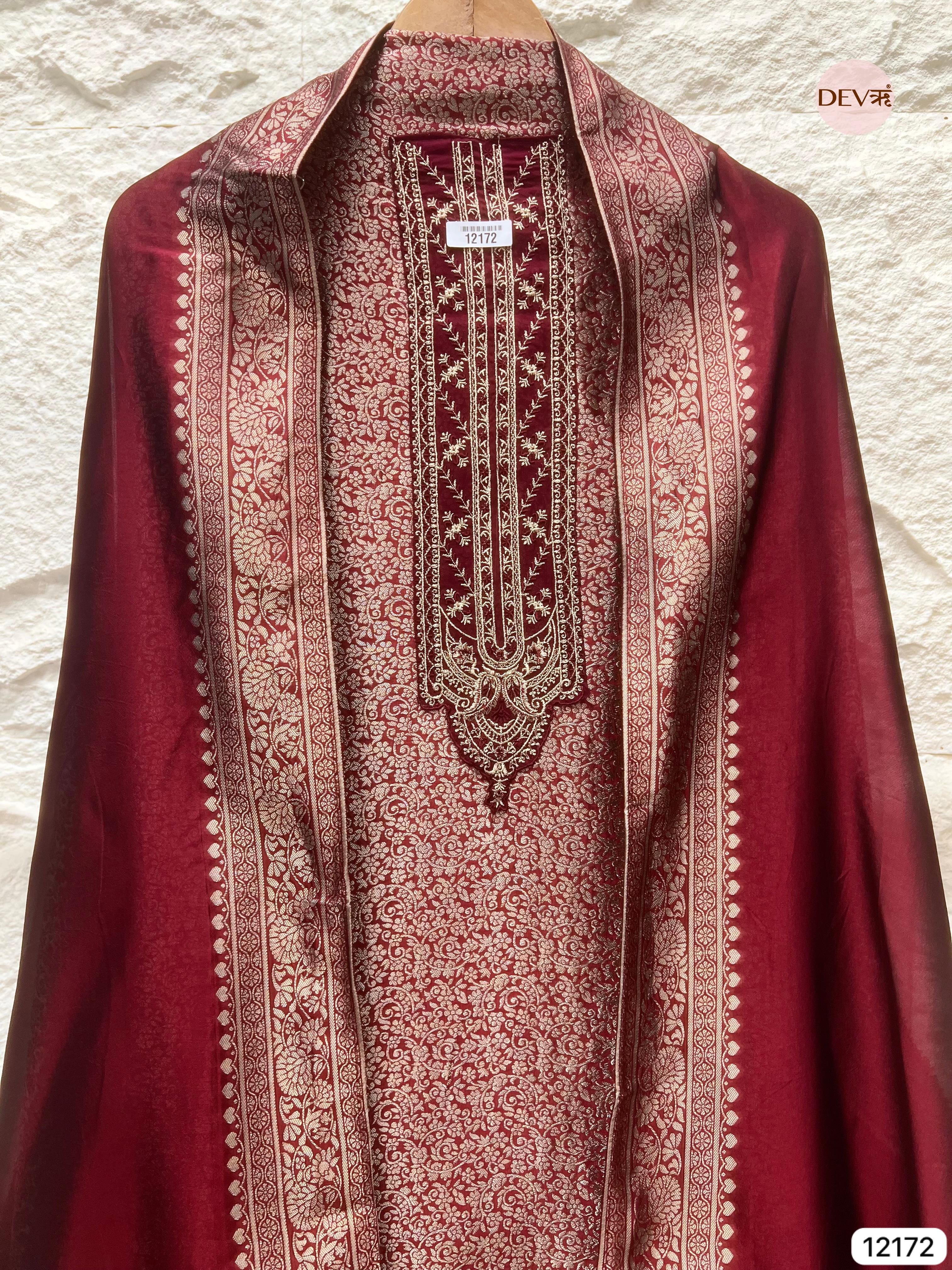 Maroon Pure Banarasi Silk Unstitched Hand Embroidered -Set Of 3 - {12172}
