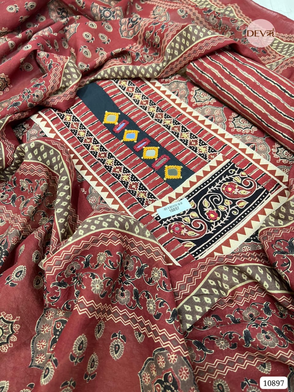 Maroon Pure Cotton Unstitched Printed Hand Embroidered -Set Of 3 {10897}