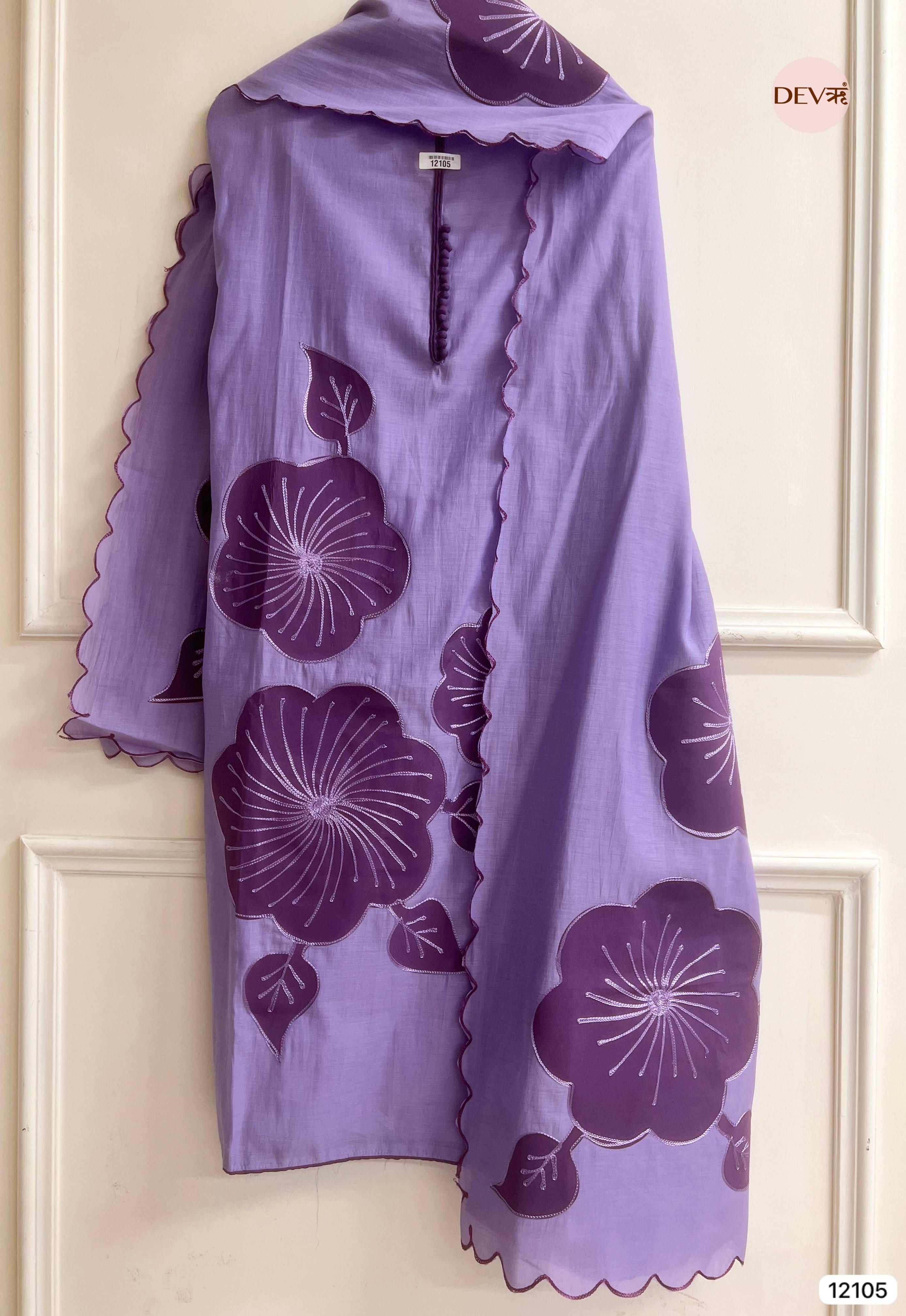 Purple Modal Silk Unstitched Applique Embroidered -Set Of 3 - {12105}