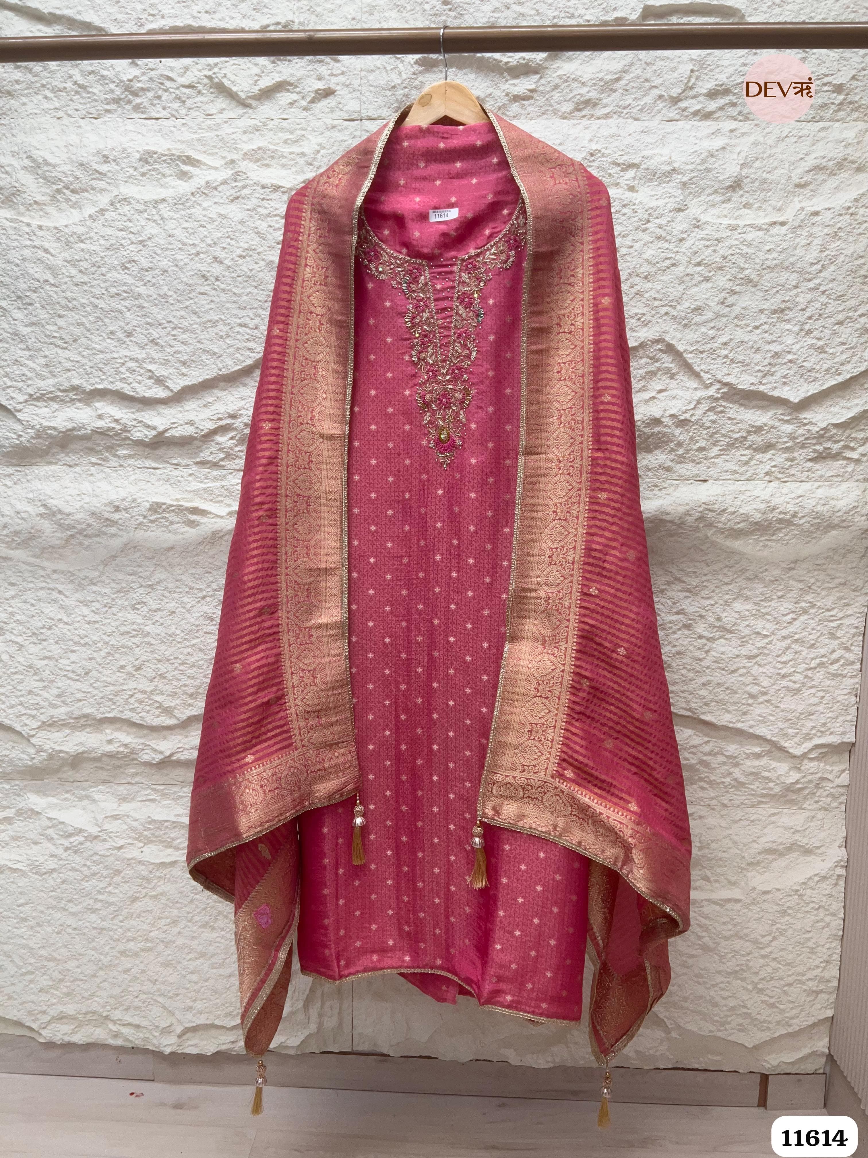 Rose Pink Pure Tissue Banarasi Silk Unstitched Hand Embroidered -Set Of 3 {11614}