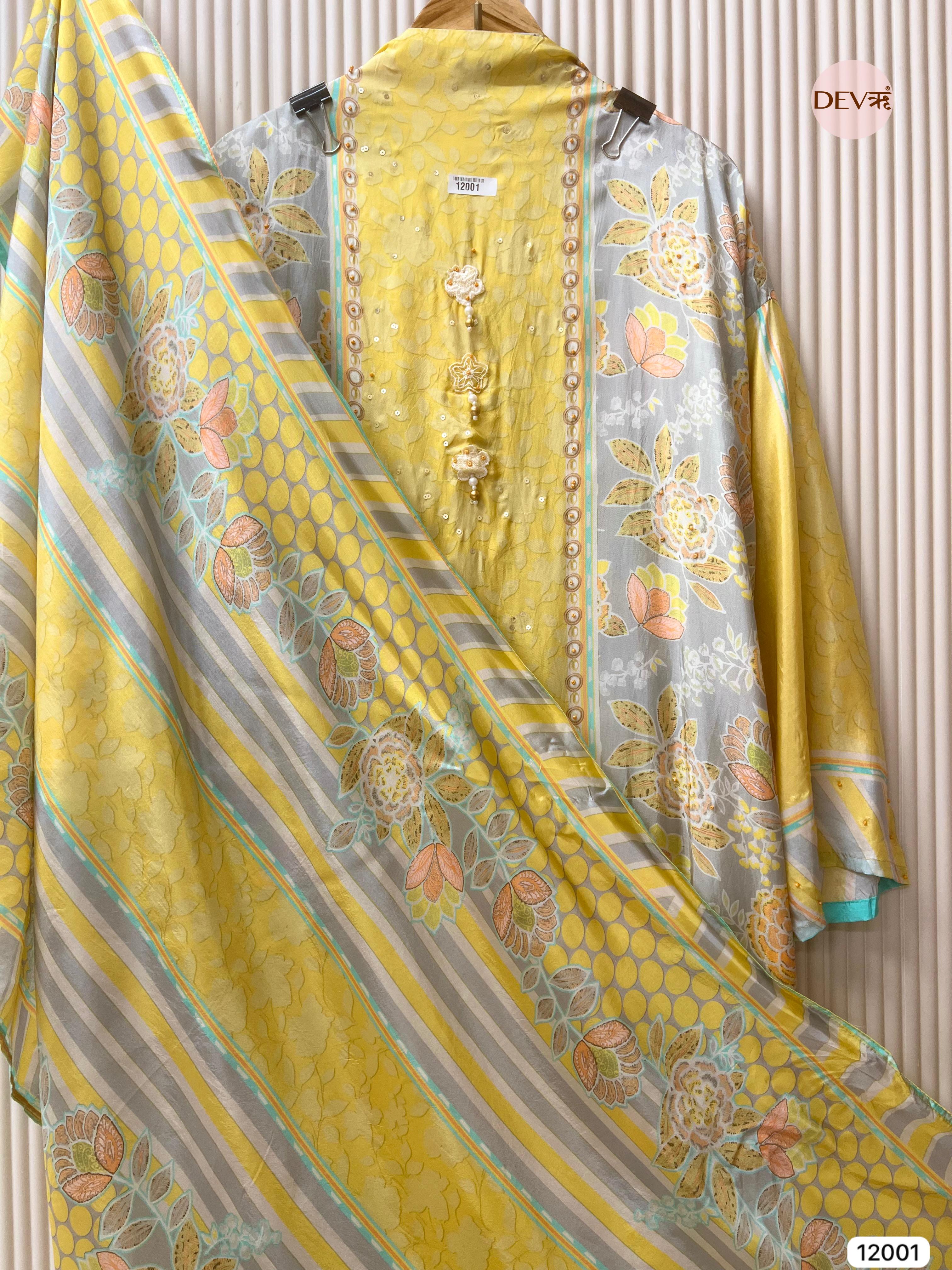 {12001} Yellow Pure Organza Silk Semi stitched Printed Embroidered -Set Of 3