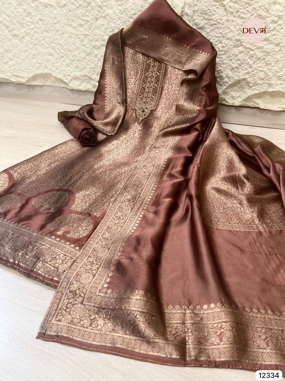 Rich Brown Pure Banarasi Silk Woven Unstitched 3-Piece Suit (Devri – D.No 12334)