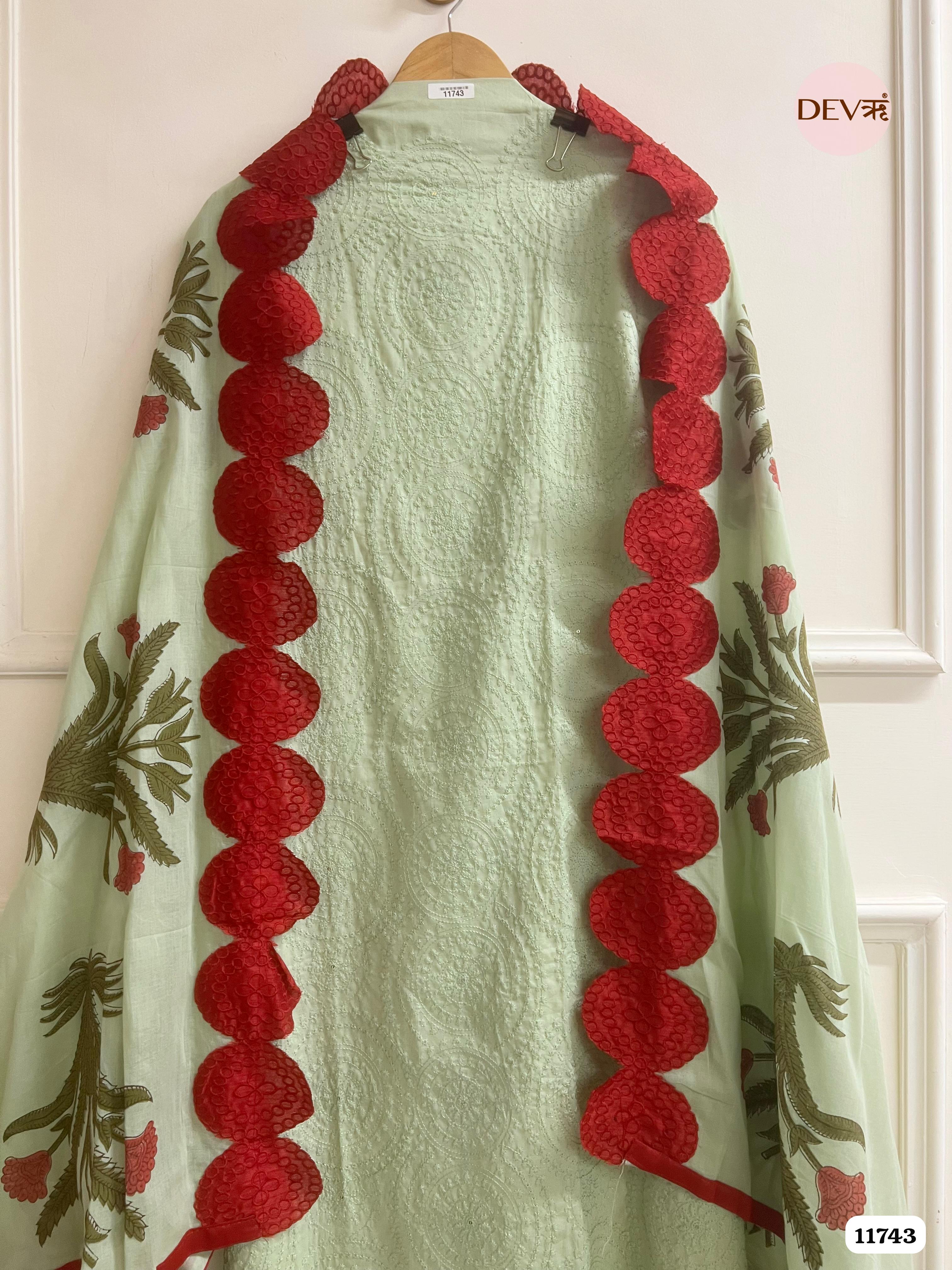 Green Pista Cotton Unstitched Embroidered -Set Of 3 {11743}