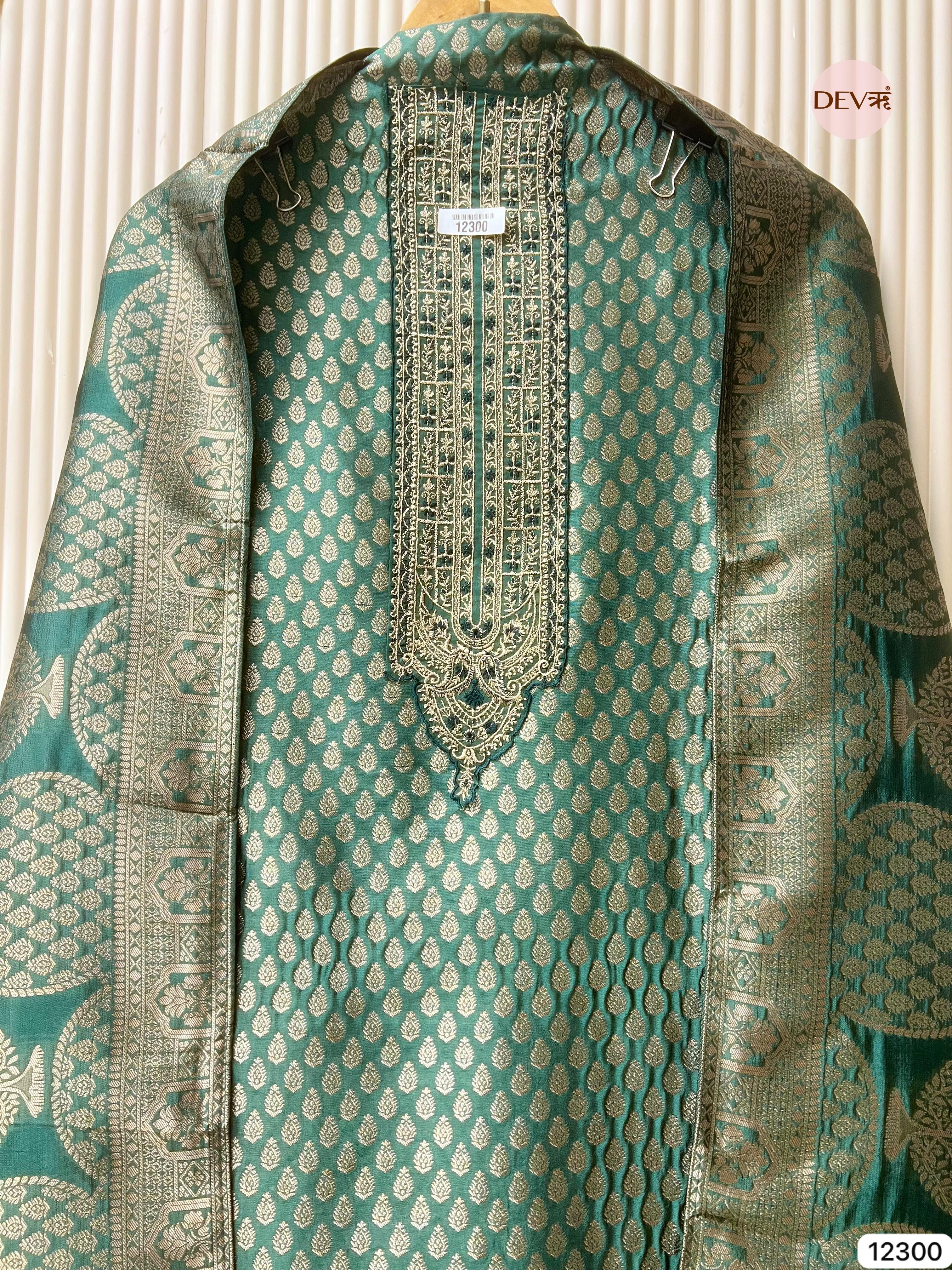 Teal Green Pure Banarasi Silk Woven Unstitched 3-Piece Suit (Devri – D.No 12300)