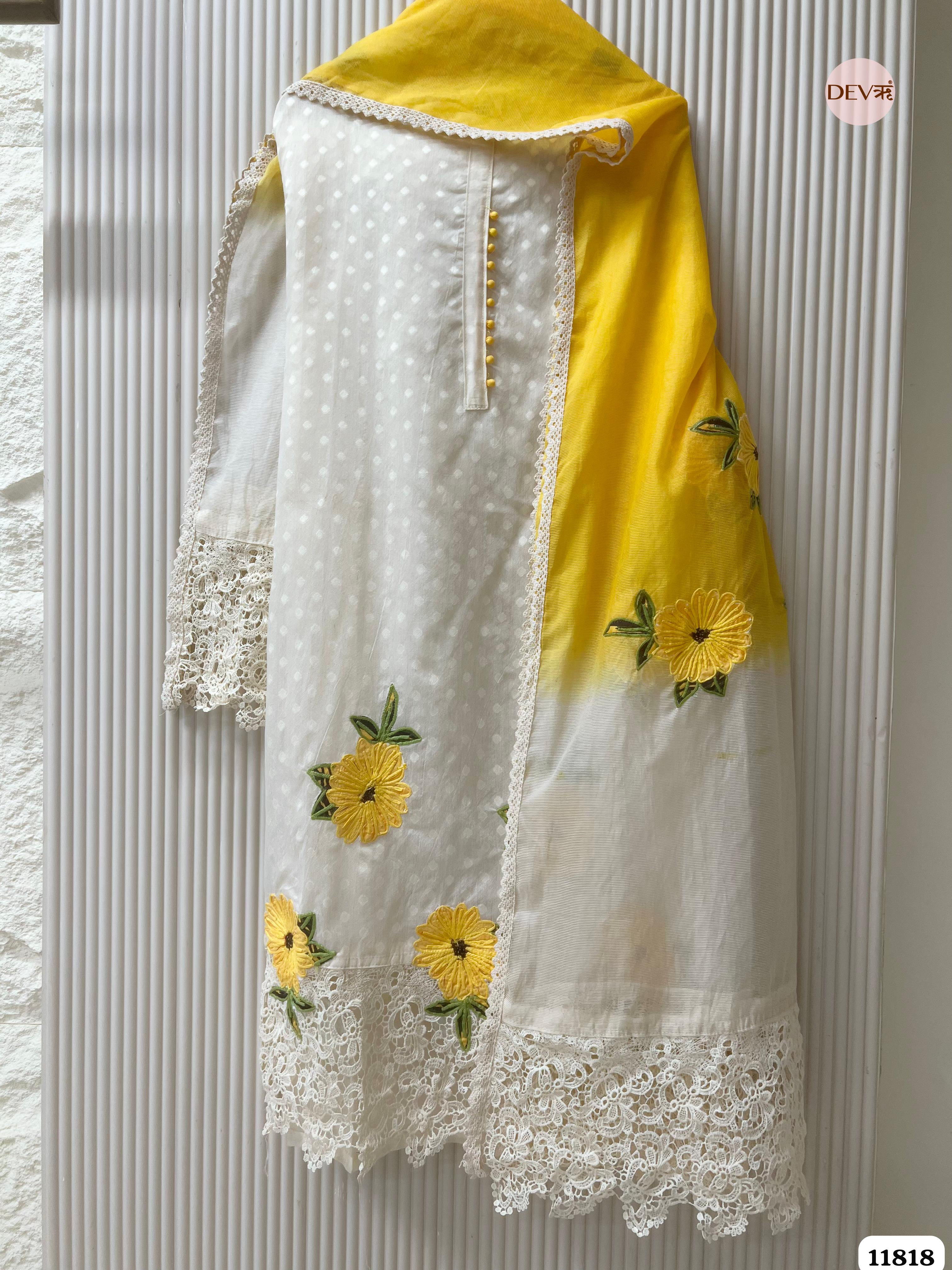 White Mul Chanderi Unstitched Embroidered Crocia Laces -Set Of 3 - {11818}
