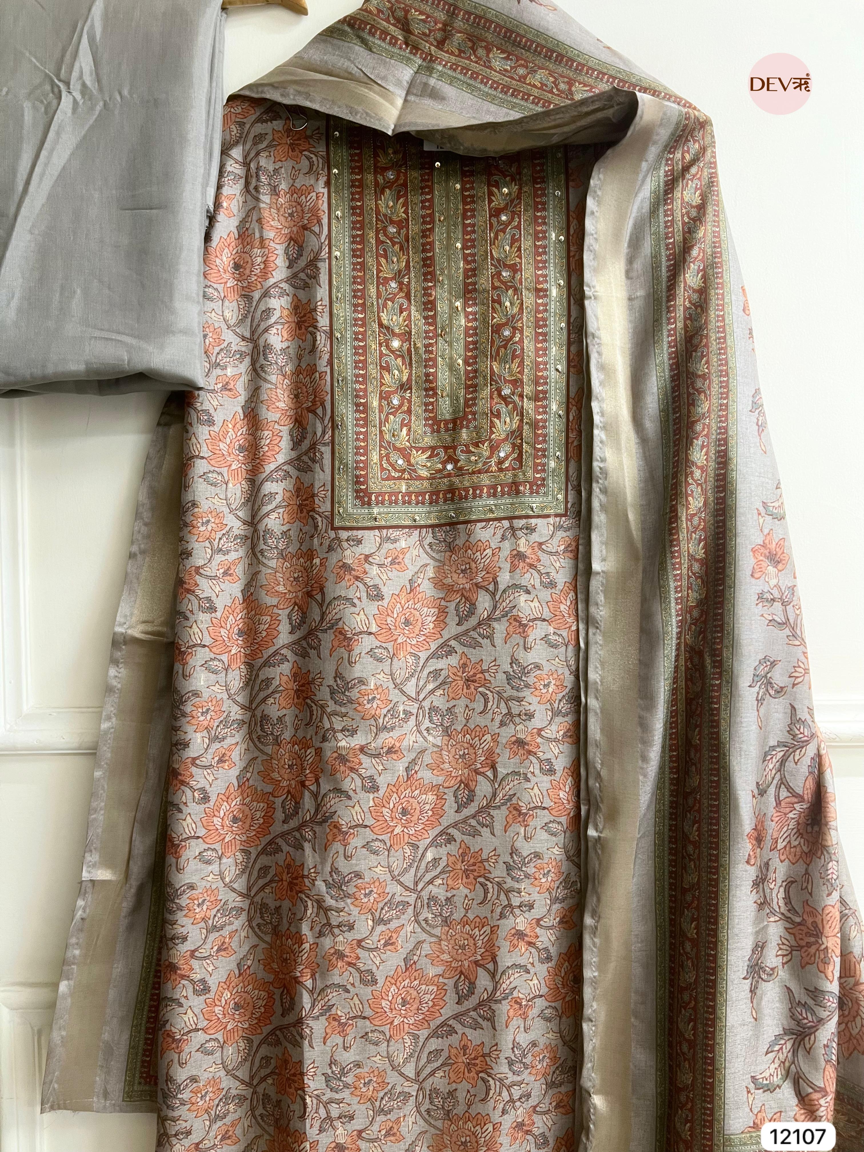Grey Tusser Khadi Silk Printed Unstitched Hand Embroidered -Set Of 3 - {12107}