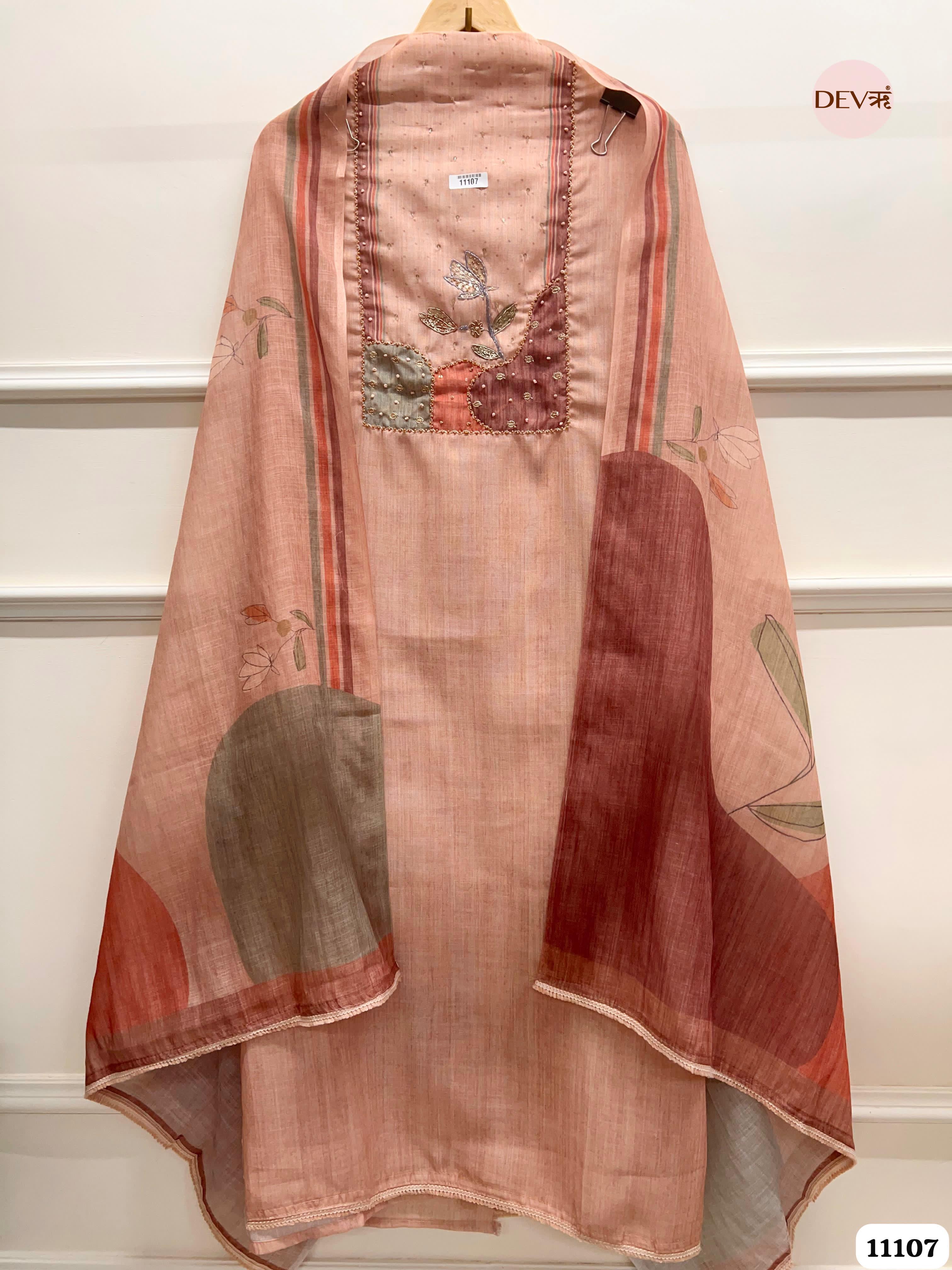 Light Brown Linen Unstitched Printed Hand Embidered -Set Of 3 {11107}