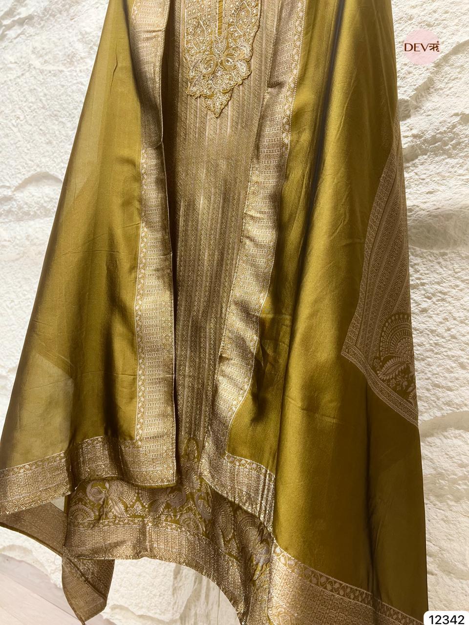 Olive Gold Pure Banarasi Silk Woven Unstitched 3-Piece Suit (Devri – D.No 12342)