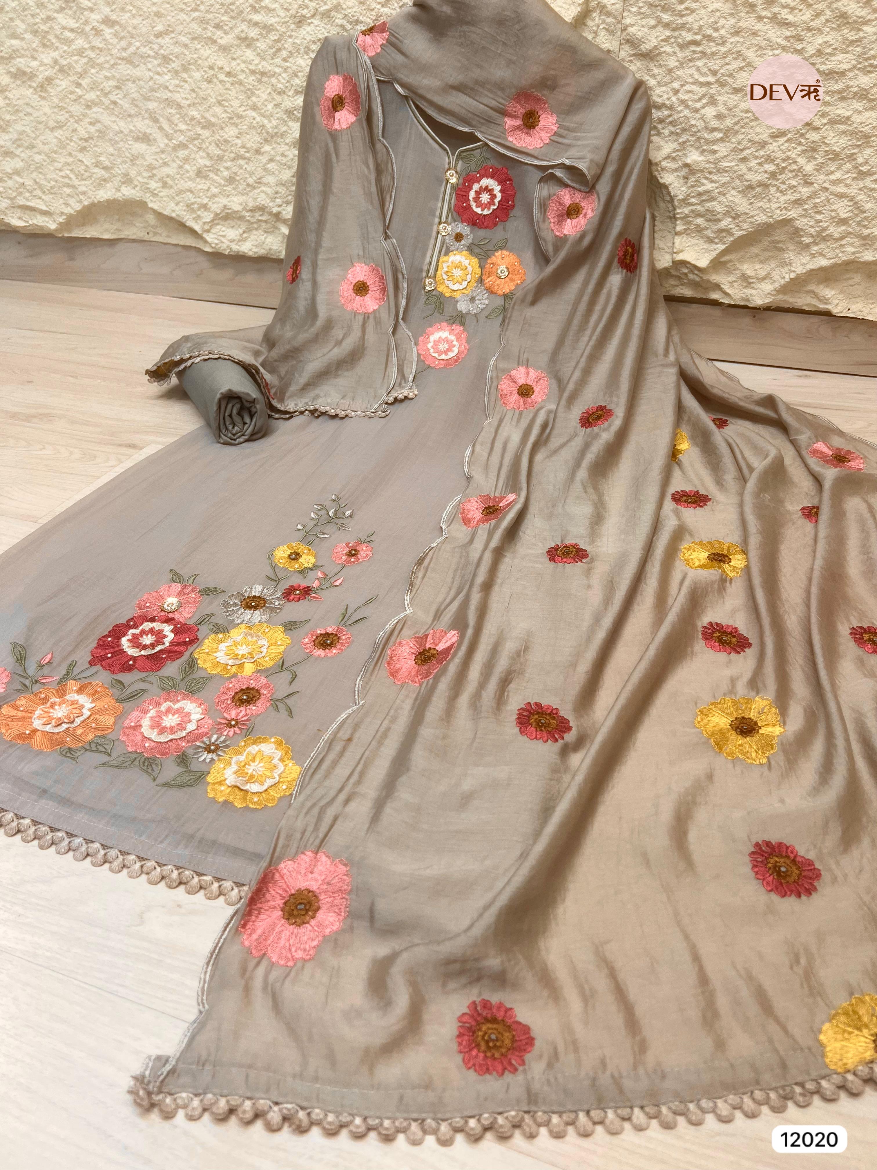 Brownish-Grey Pure Mul Chanderi Unstitched Embroidered -Set Of 3 - {12020}