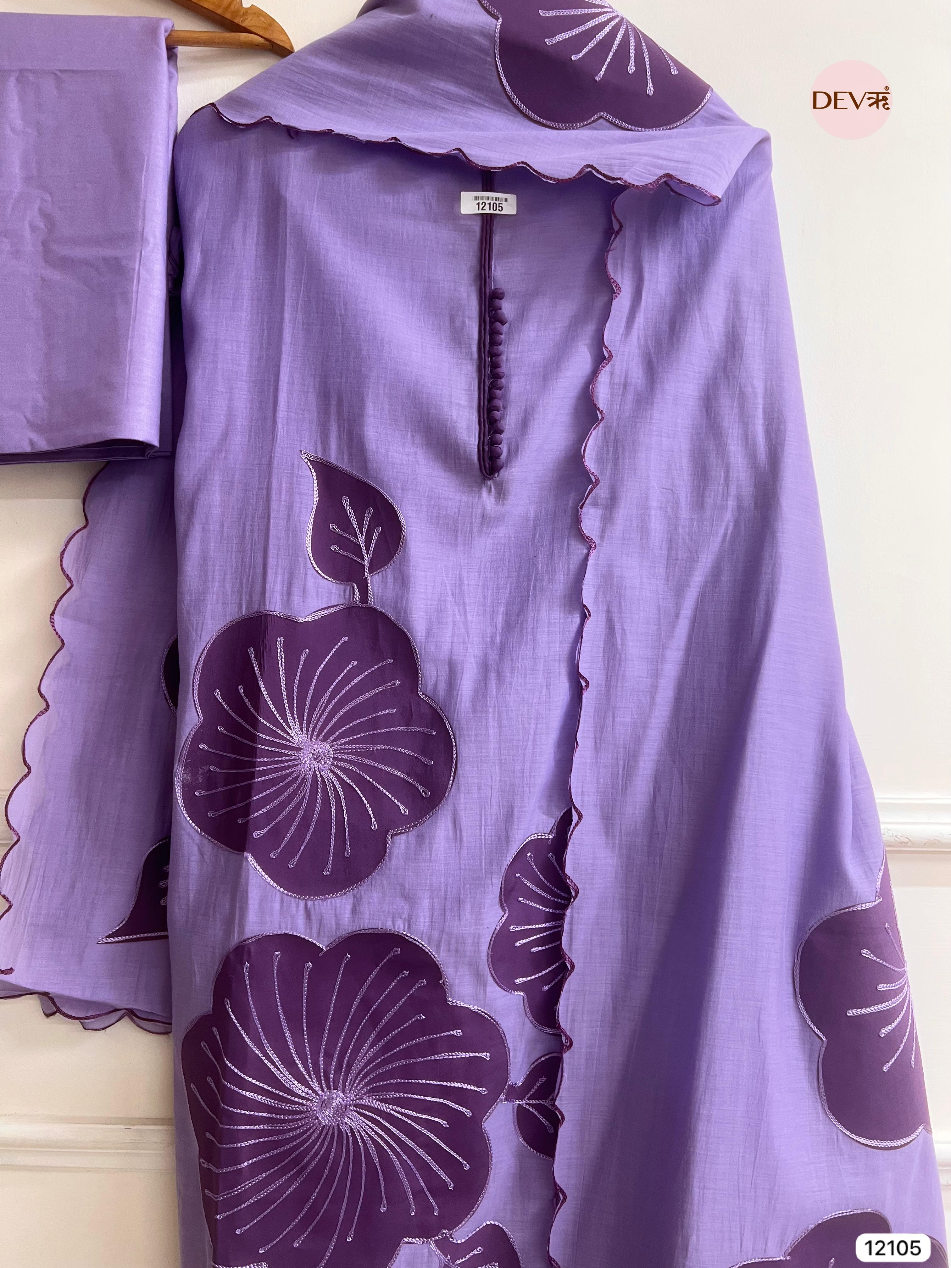 Purple Modal Silk Unstitched Applique Embroidered -Set Of 3 - {12105}