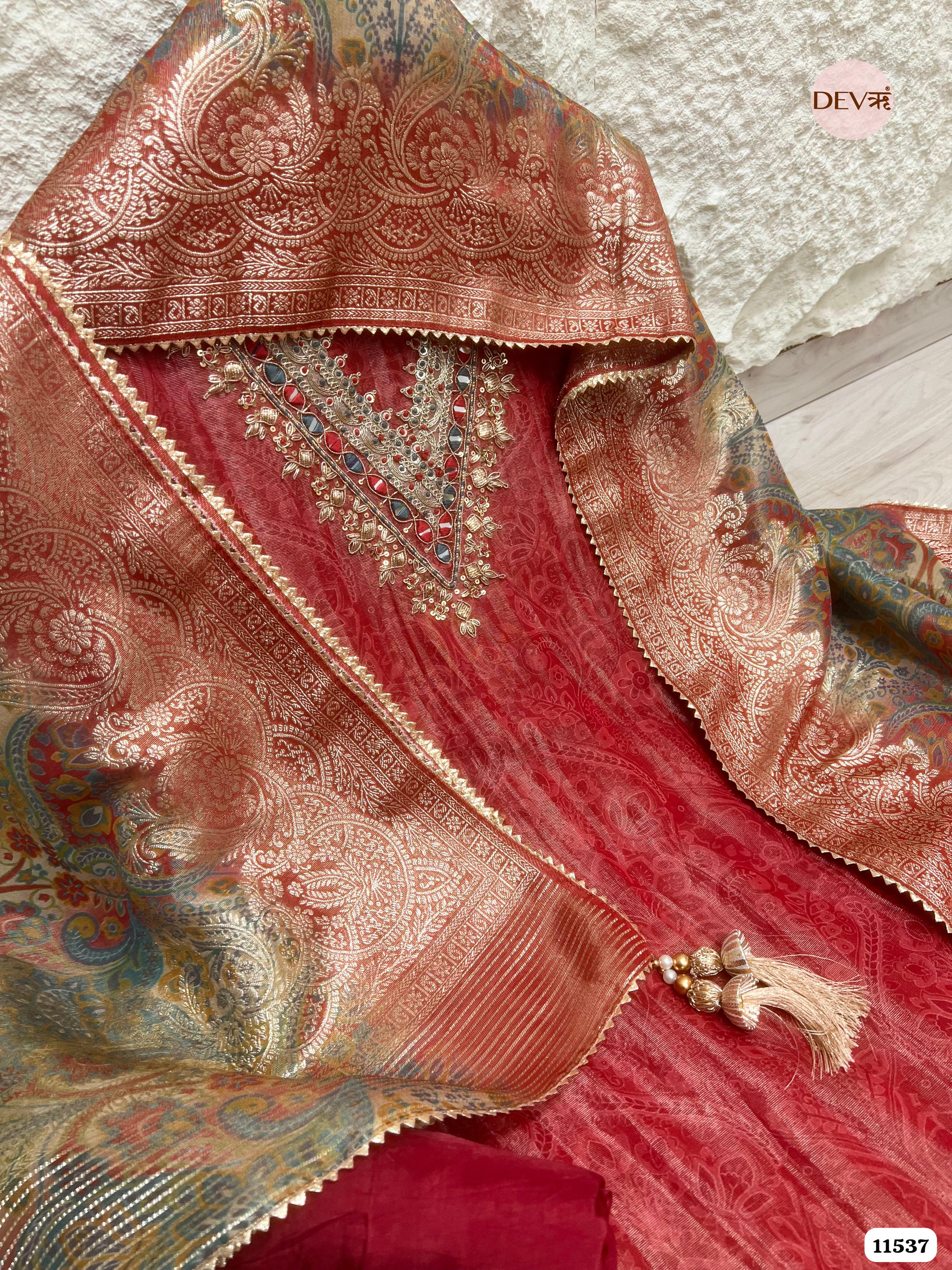 Red Pure Tissue Silk Unstitched Printed Hand Embroidered -Set Of 3 {11537}